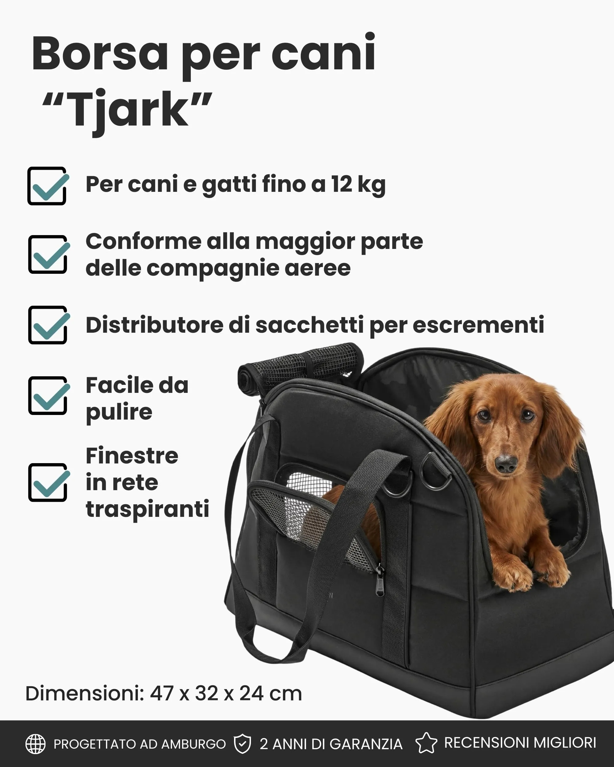 LARKSON Trasportino per Cani di Piccola Taglia fino a 12 kg Nero – Tjark - immagine 2