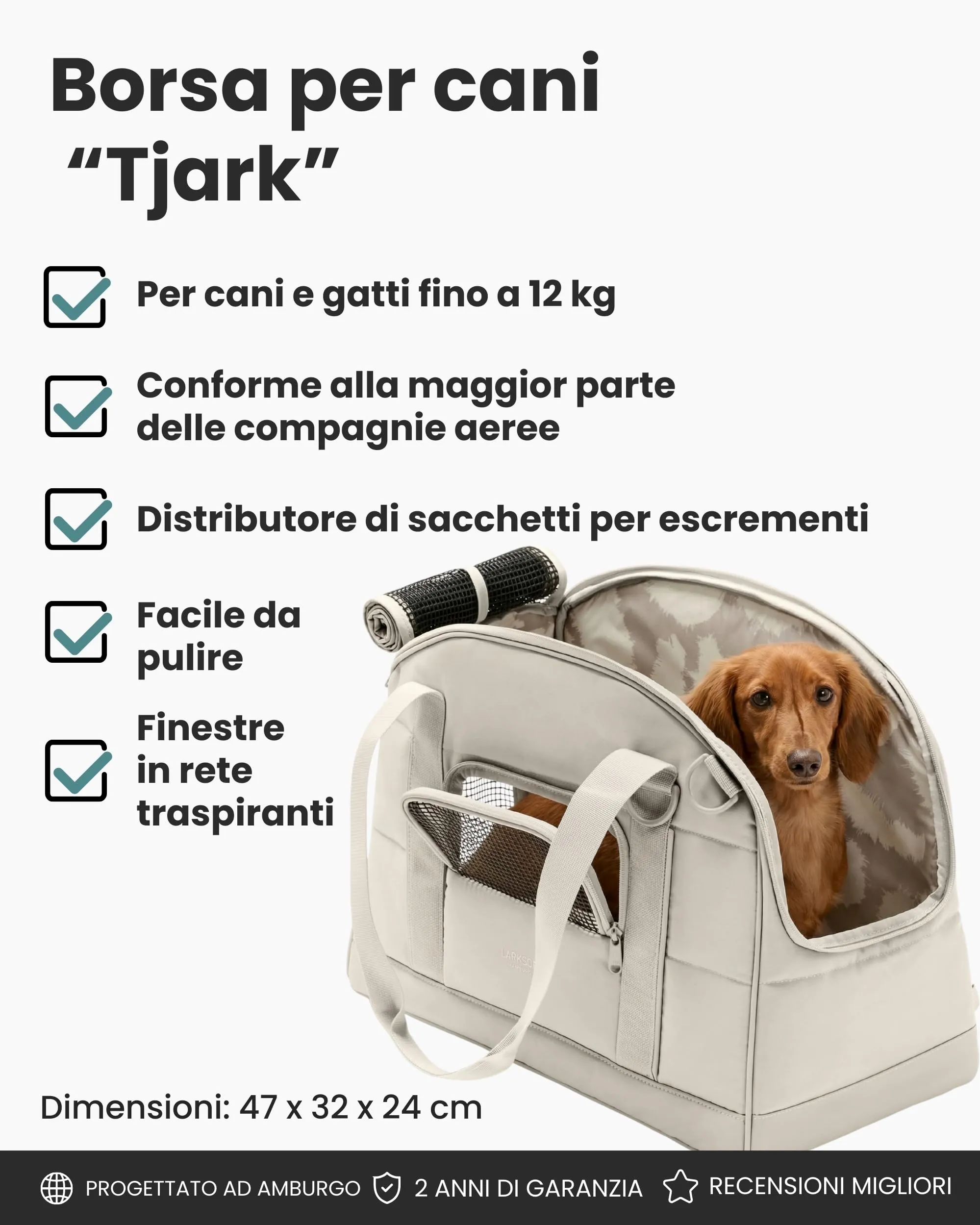 LARKSON Trasportino per Cani di Piccola Taglia fino a 12 kg Beige – Tjark - immagine 2
