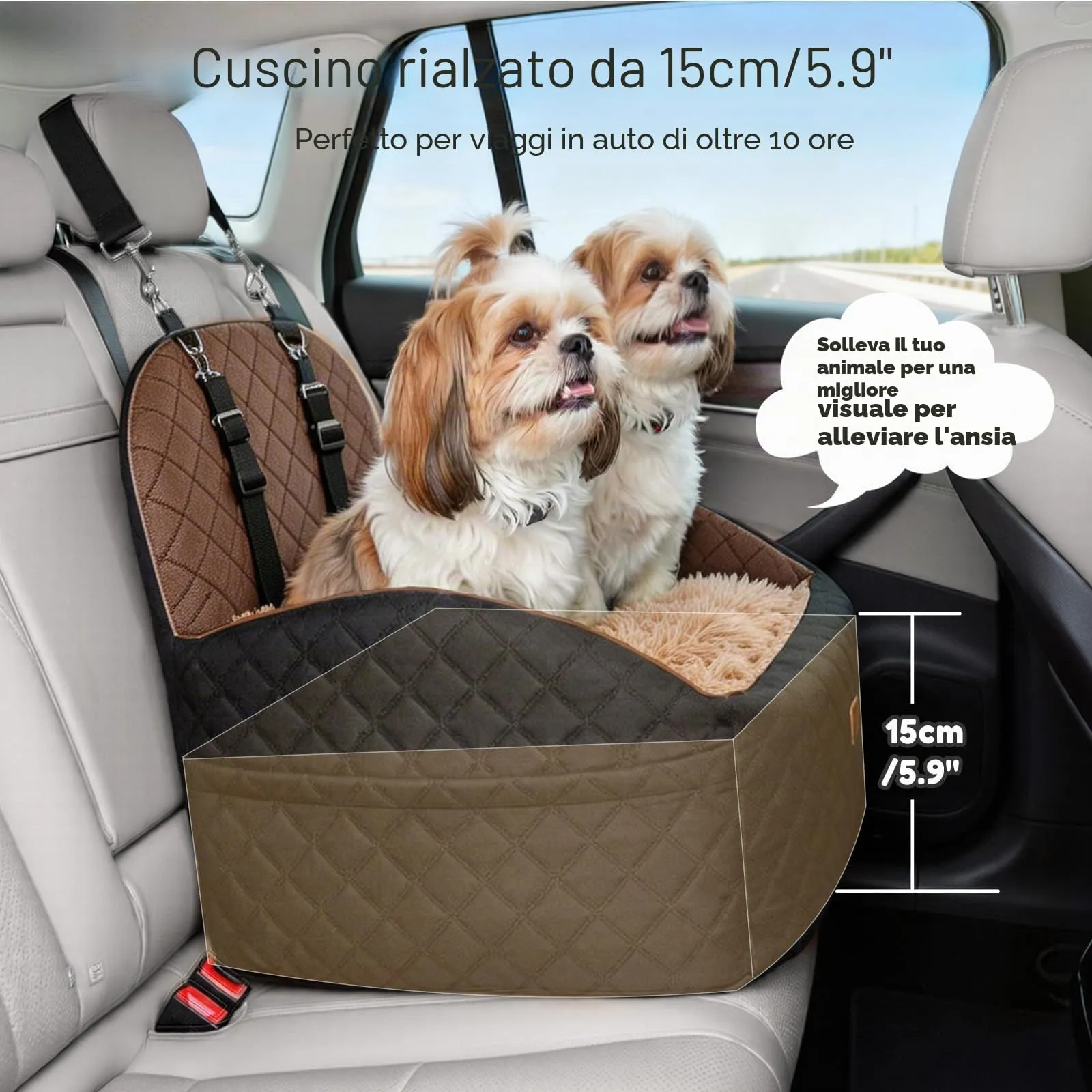 Gimars Seggiolino Auto Per Cani Reversibile Peluche Lungo/Corto Per Cani Piccoli/Medi Fino A 16 kg, Sfoderabile Lavabile Antiscivolo Trasportino Per Cane Auto Con Schiuma 28D 15cm, Cintura, S-Marrone - immagine 2