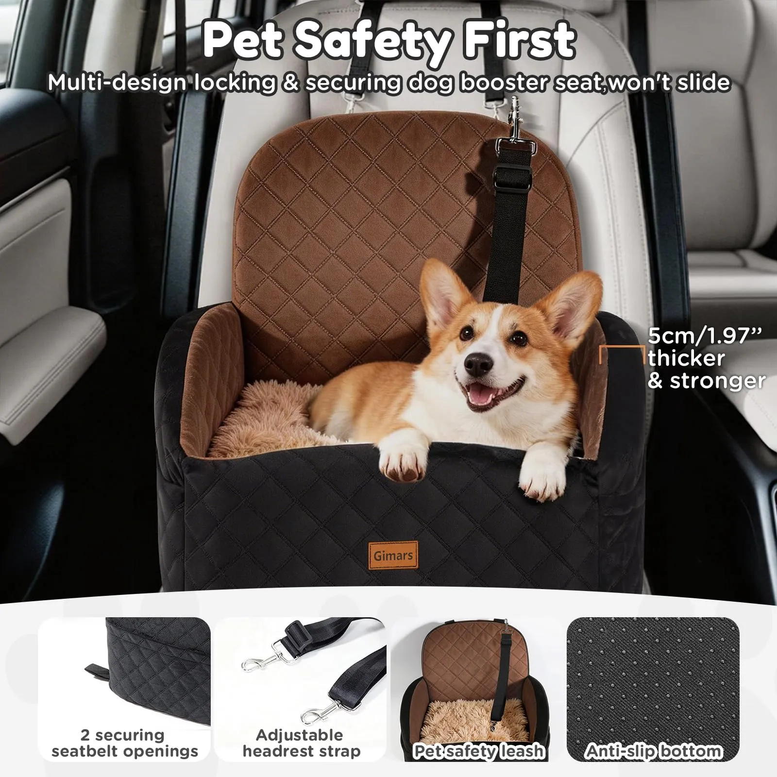 Gimars Seggiolino Auto Per Cani Reversibile Peluche Lungo/Corto Per Cani Piccoli/Medi Fino A 16 kg, Sfoderabile Lavabile Antiscivolo Trasportino Per Cane Auto Con Schiuma 28D 15cm, Cintura, S-Marrone - immagine 3
