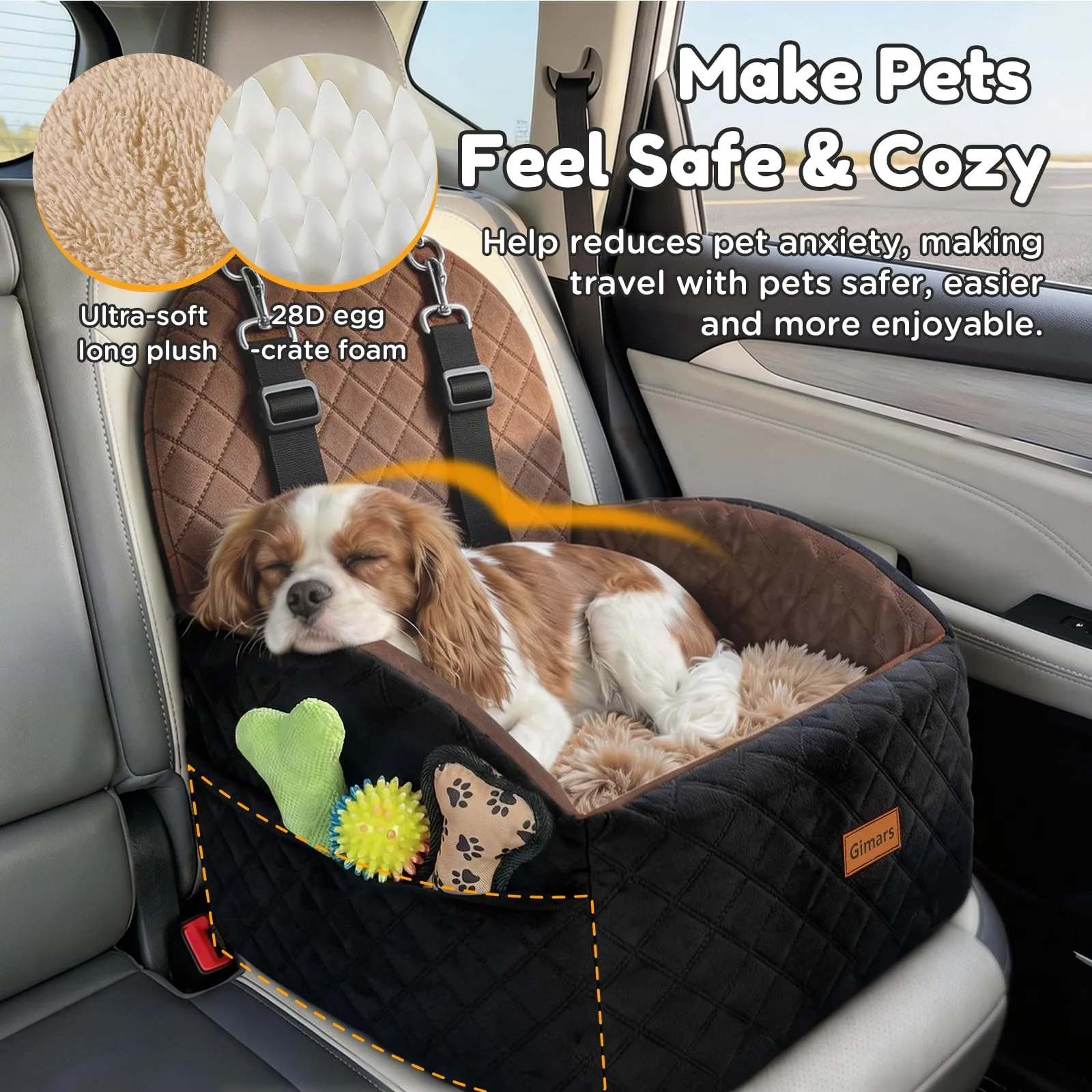 Gimars Seggiolino Auto Per Cani Reversibile Peluche Lungo/Corto Per Cani Piccoli/Medi Fino A 16 kg, Sfoderabile Lavabile Antiscivolo Trasportino Per Cane Auto Con Schiuma 28D 15cm, Cintura, S-Marrone - immagine 4