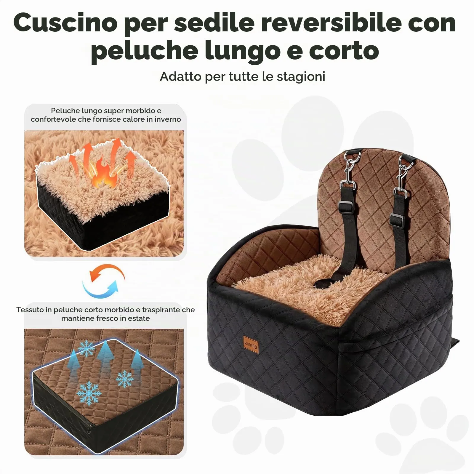 Gimars Seggiolino Auto Per Cani Reversibile Peluche Lungo/Corto Per Cani Piccoli/Medi Fino A 16 kg, Sfoderabile Lavabile Antiscivolo Trasportino Per Cane Auto Con Schiuma 28D 15cm, Cintura, S-Marrone - immagine 5