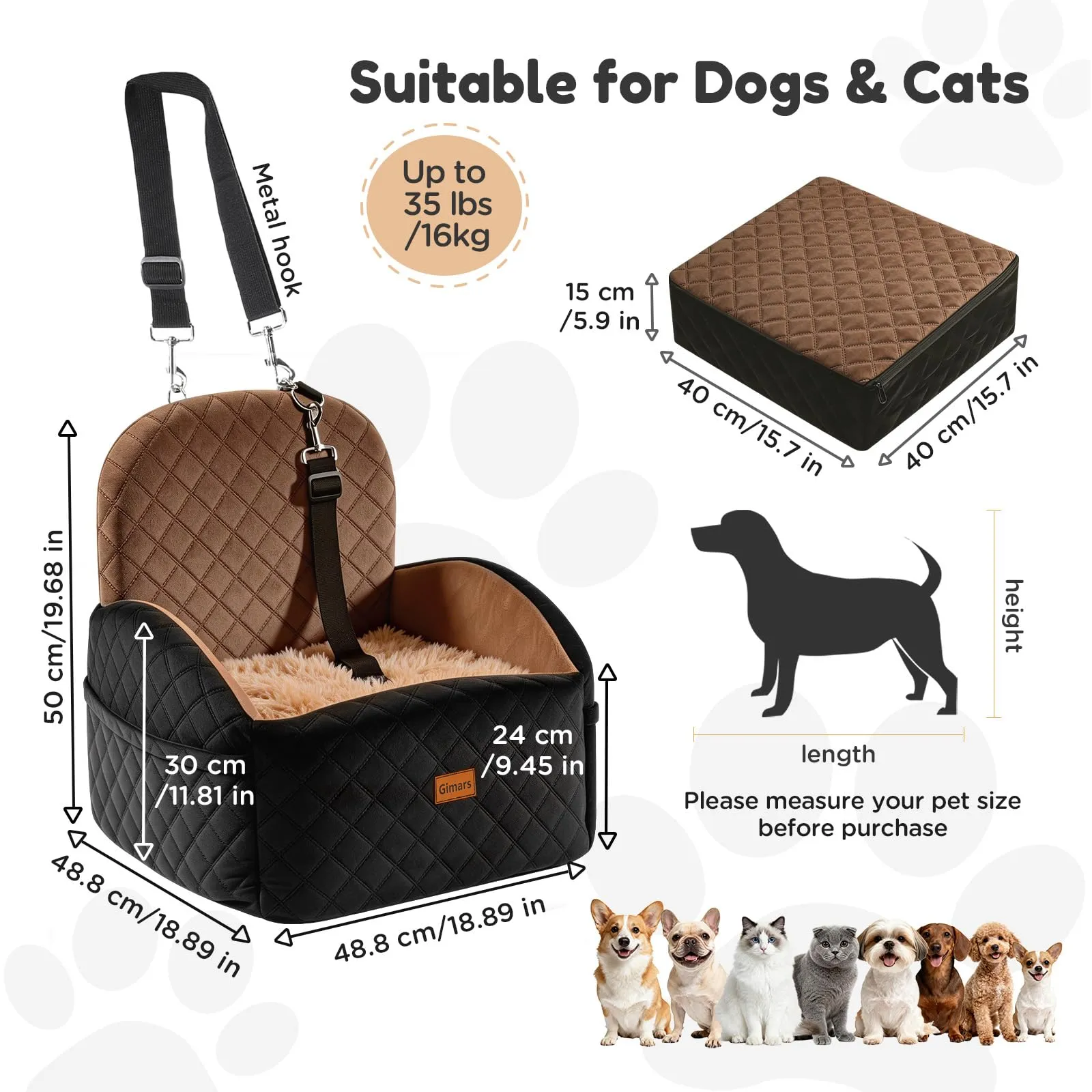 Gimars Seggiolino Auto Per Cani Reversibile Peluche Lungo/Corto Per Cani Piccoli/Medi Fino A 16 kg, Sfoderabile Lavabile Antiscivolo Trasportino Per Cane Auto Con Schiuma 28D 15cm, Cintura, S-Marrone - immagine 7
