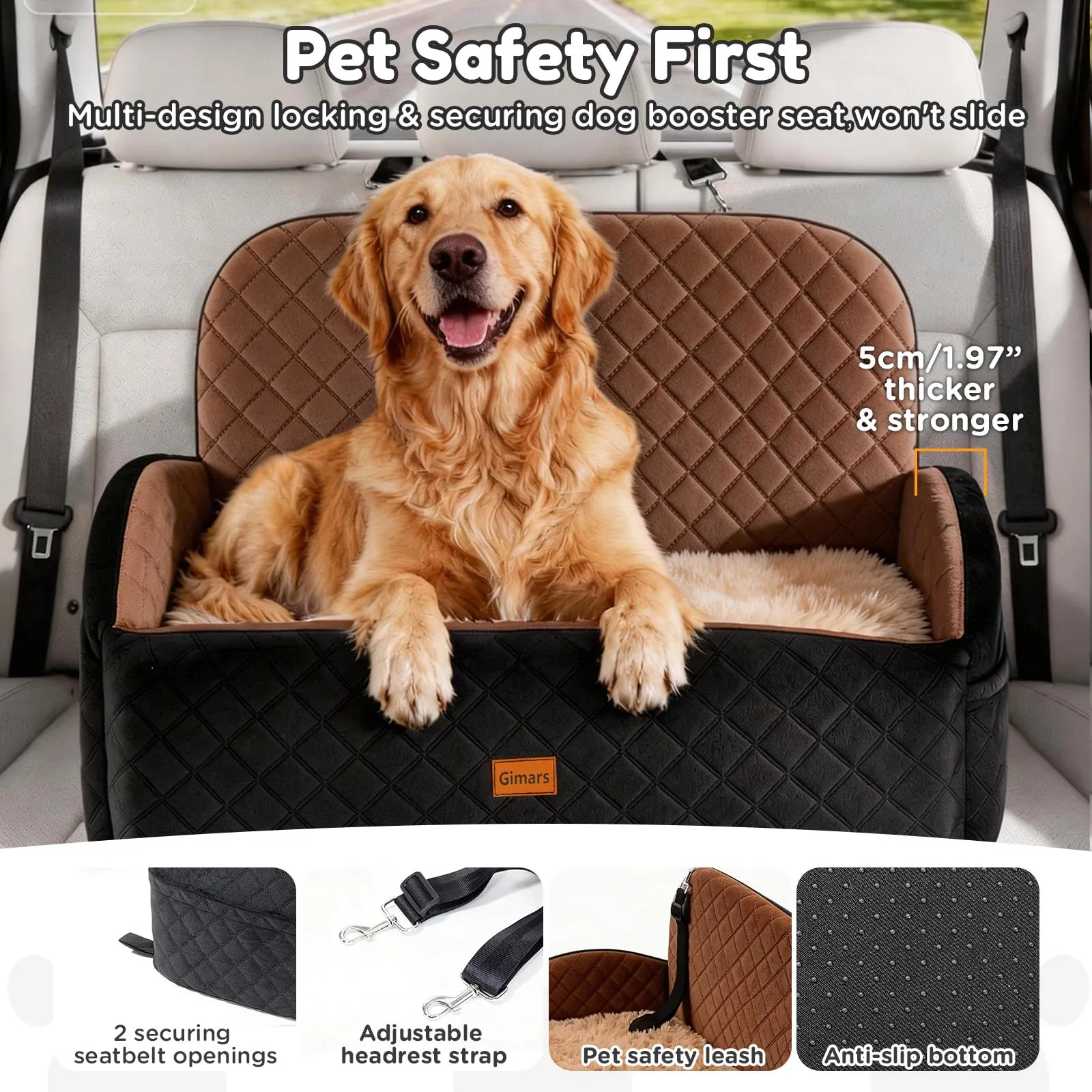 Gimars Seggiolino auto reversibile per cani con cuscino lungo e corto in peluche, per cani di piccola e media taglia fino a 27 kg, rimovibile, lavabile, antiscivolo, con cintura di sicurezza in - immagine 3