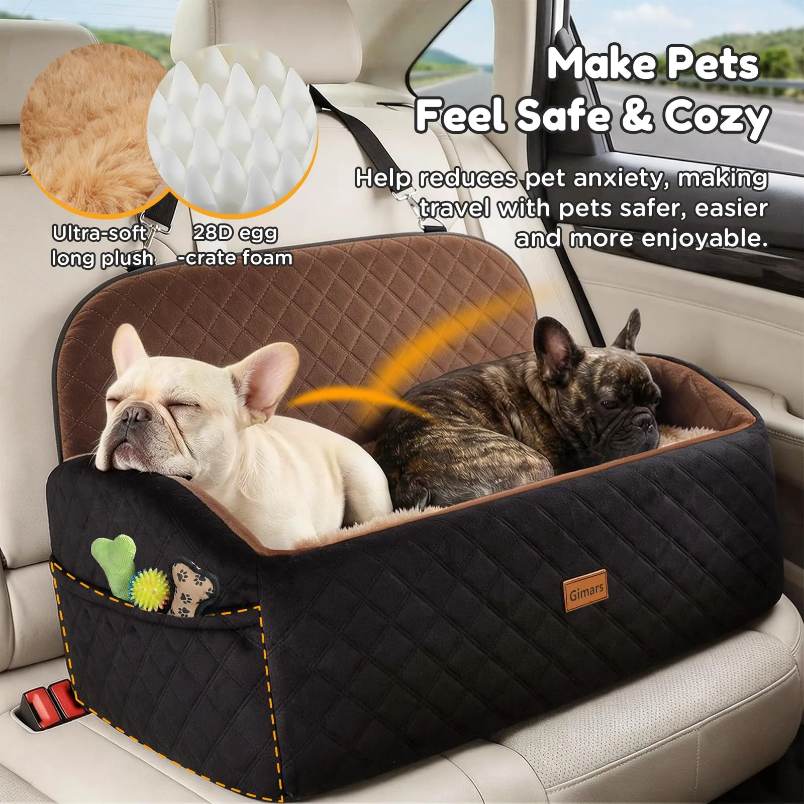 Gimars Seggiolino auto reversibile per cani con cuscino lungo e corto in peluche, per cani di piccola e media taglia fino a 27 kg, rimovibile, lavabile, antiscivolo, con cintura di sicurezza in - immagine 4