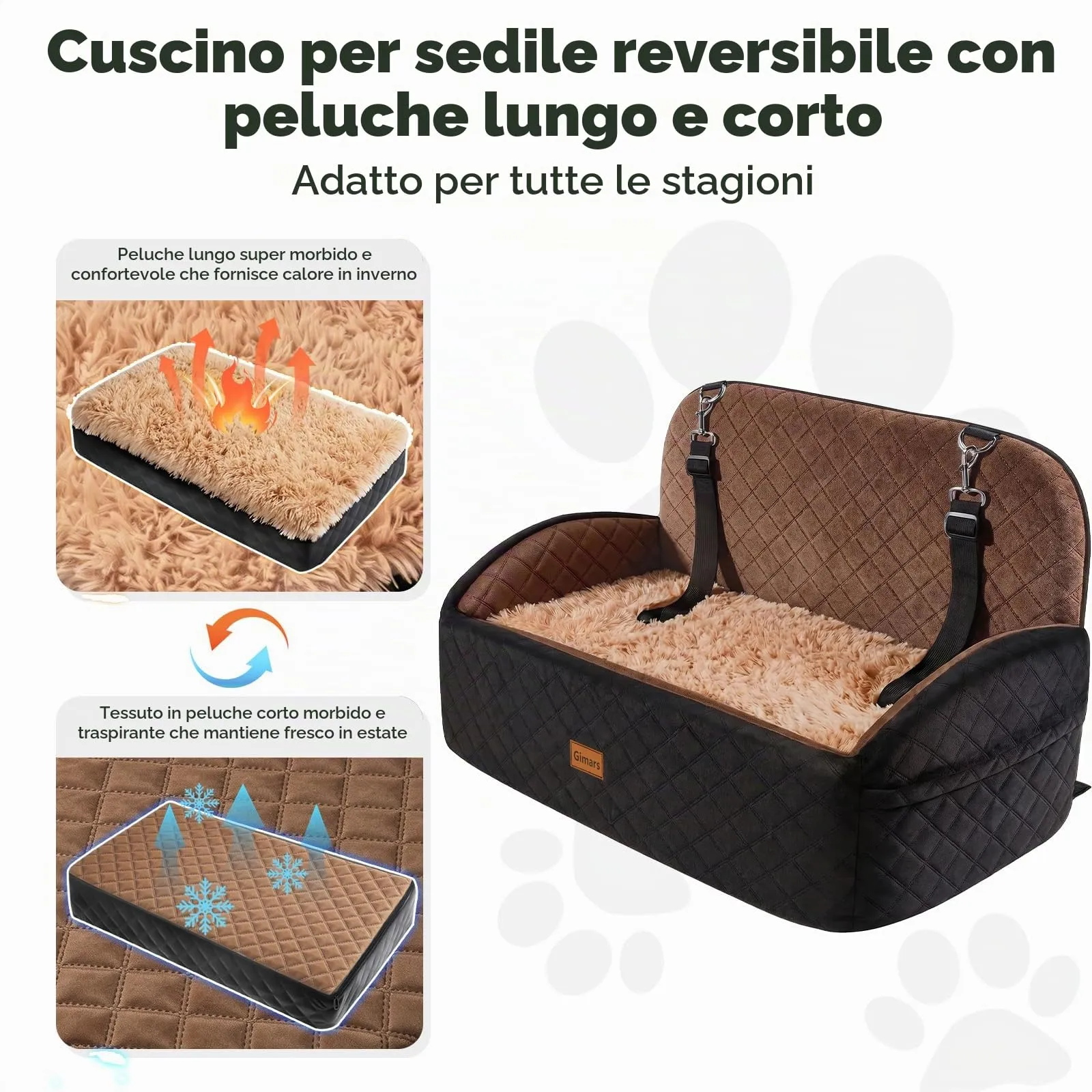 Gimars Seggiolino auto reversibile per cani con cuscino lungo e corto in peluche, per cani di piccola e media taglia fino a 27 kg, rimovibile, lavabile, antiscivolo, con cintura di sicurezza in - immagine 5