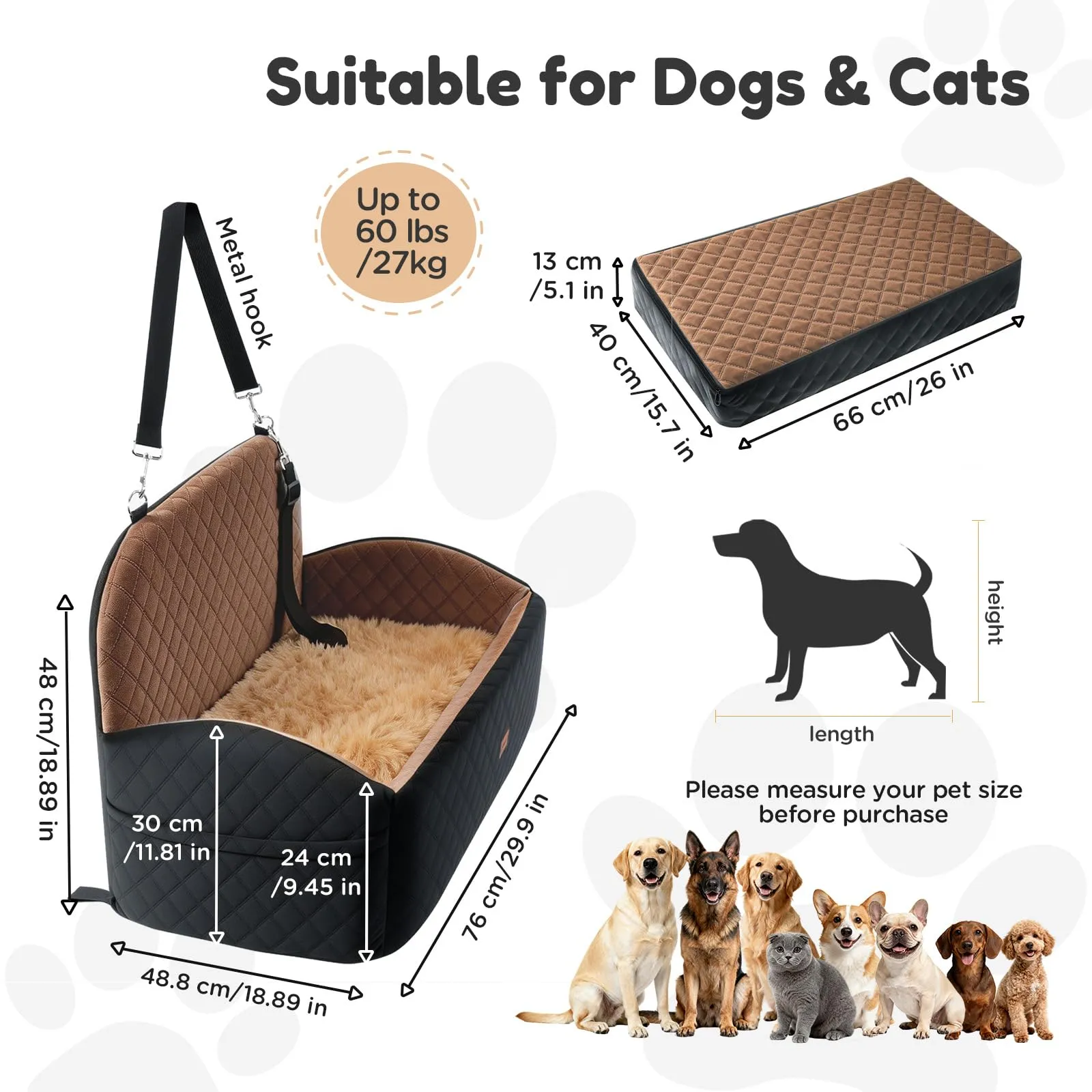 Gimars Seggiolino auto reversibile per cani con cuscino lungo e corto in peluche, per cani di piccola e media taglia fino a 27 kg, rimovibile, lavabile, antiscivolo, con cintura di sicurezza in - immagine 8