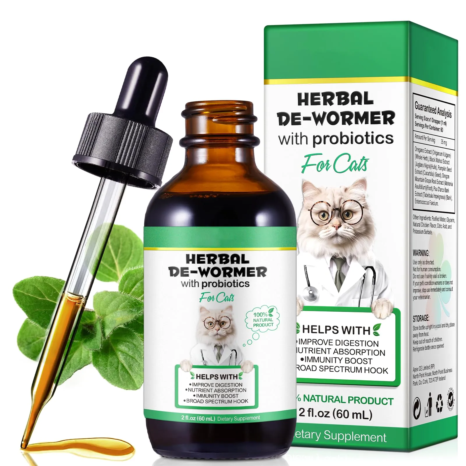 Gocce Di Prevenzione Dei Vermi Probiotici A Base Di Erbe Naturali Per Gatti e Gattini - Supporto A Ampio Spettro, Facile Da Usare -Pulizia A Base Di Erbe Per Cani,Supporto Digestivo Per Tutte Le Razze - immagine 1