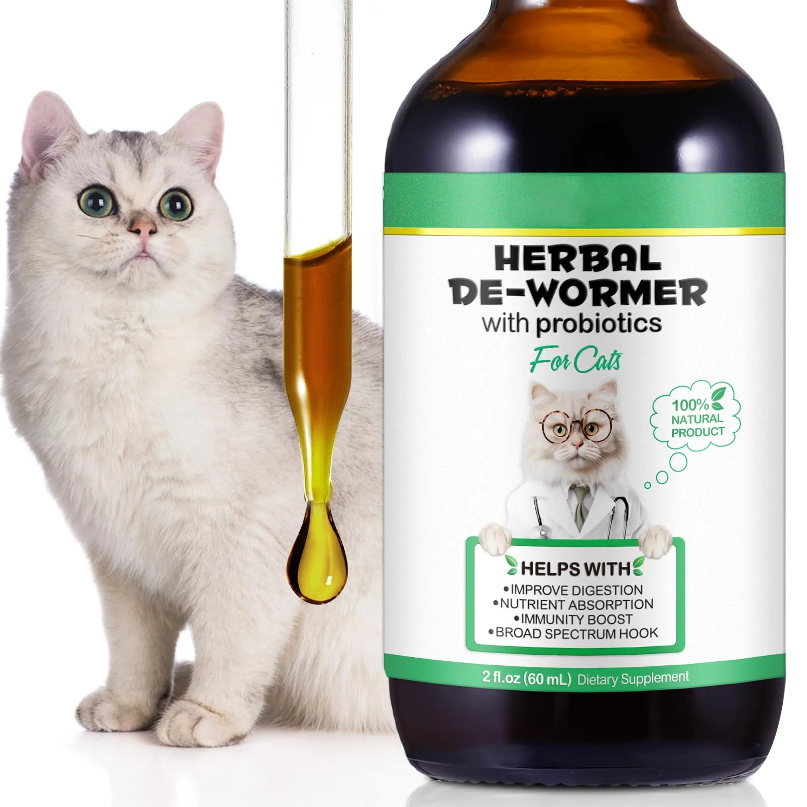 Gocce Di Prevenzione Dei Vermi Probiotici A Base Di Erbe Naturali Per Gatti e Gattini - Supporto A Ampio Spettro, Facile Da Usare -Pulizia A Base Di Erbe Per Cani,Supporto Digestivo Per Tutte Le Razze - immagine 2