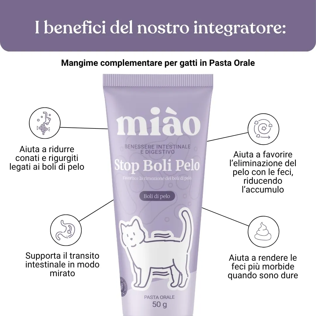Miào Stop Boli di Pelo Gatto Pasta – Supporto Intestinale per Eliminare Boli di Pelo, Riduce Rigurgiti con Fibre e Psillio, Pasta al Malto per Gatti Bolo di Pelo - immagine 2
