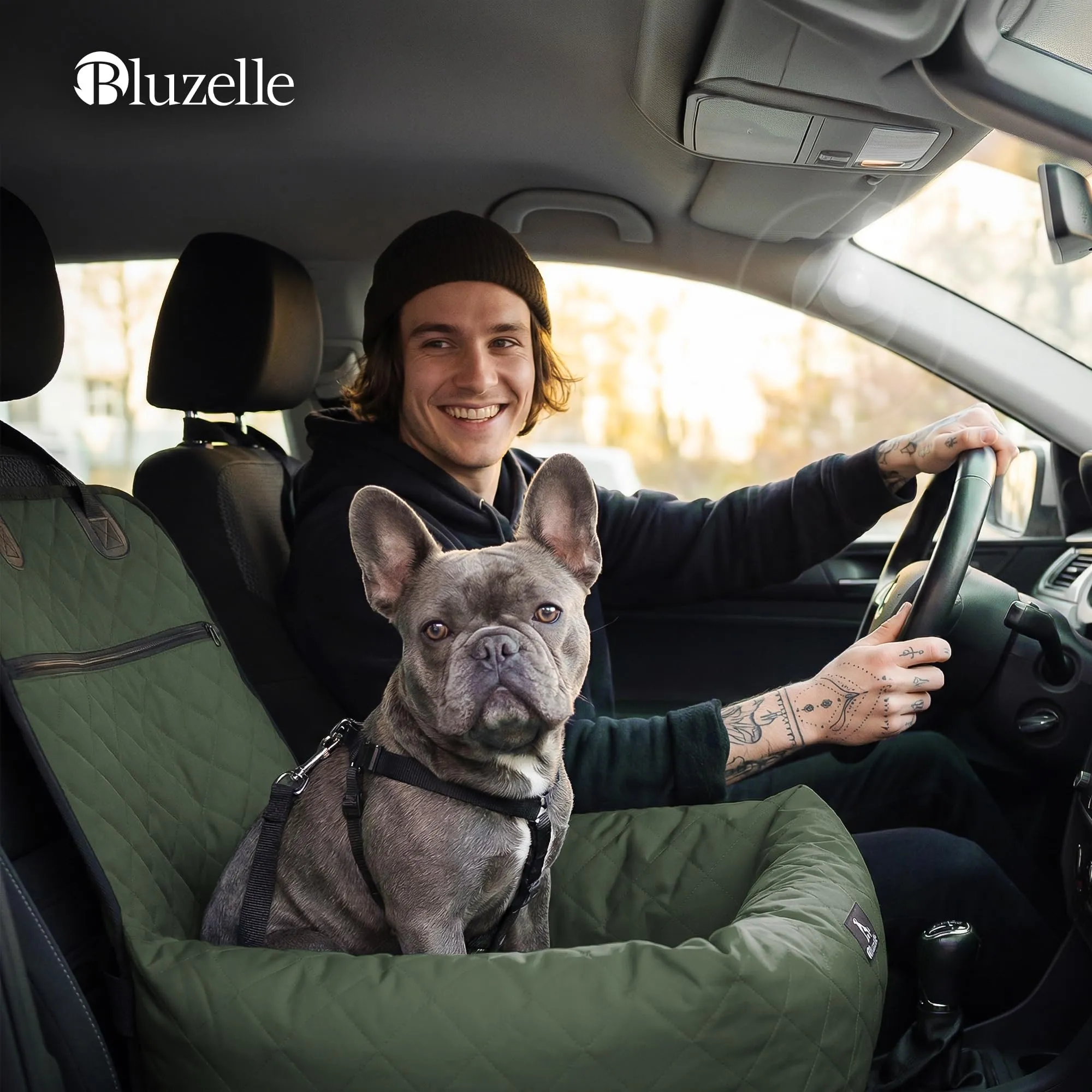 BLUZELLE Seggiolino Auto per Cani & Cuccia 2-in-1, Verde Oliva - immagine 2