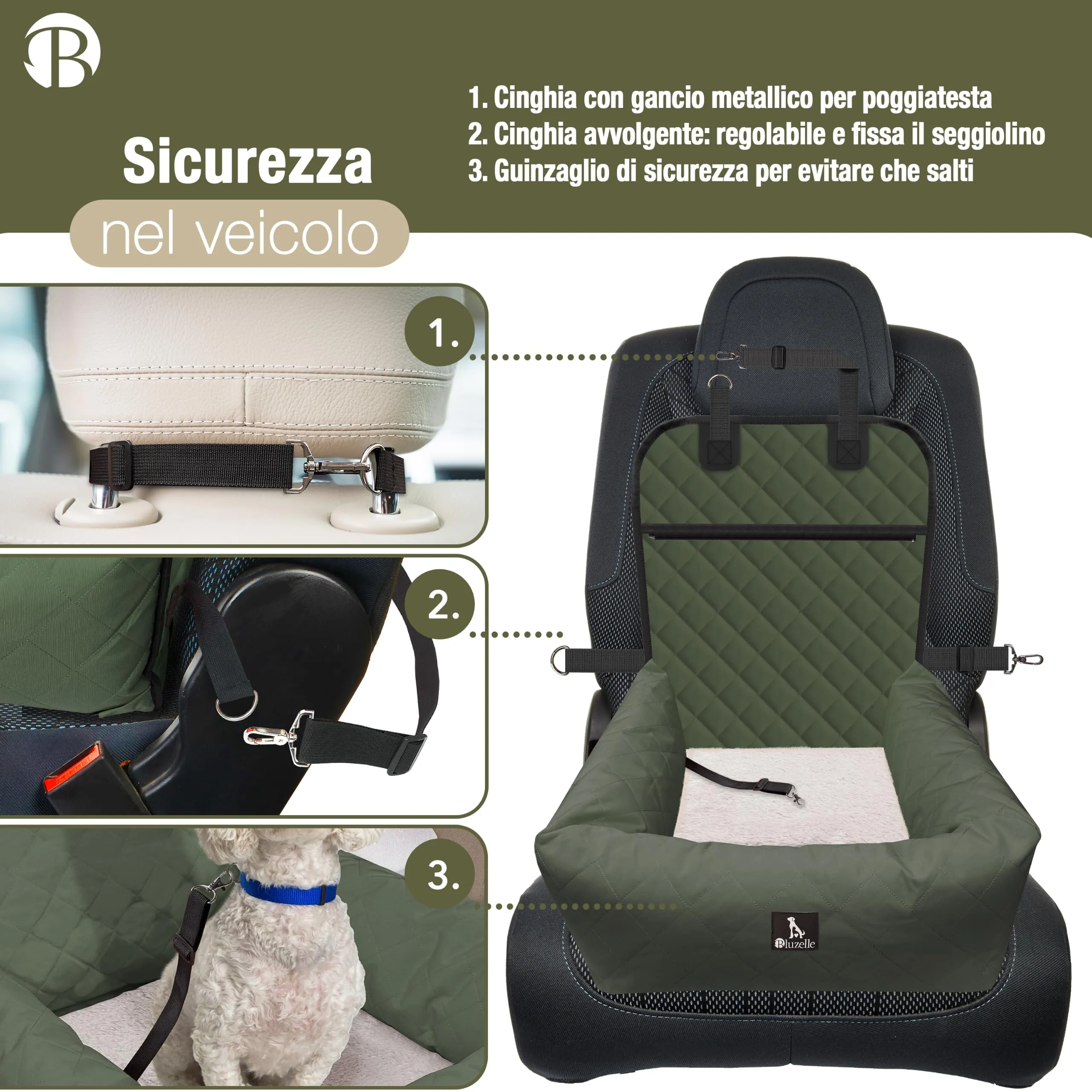 BLUZELLE Seggiolino Auto per Cani & Cuccia 2-in-1, Verde Oliva - immagine 6