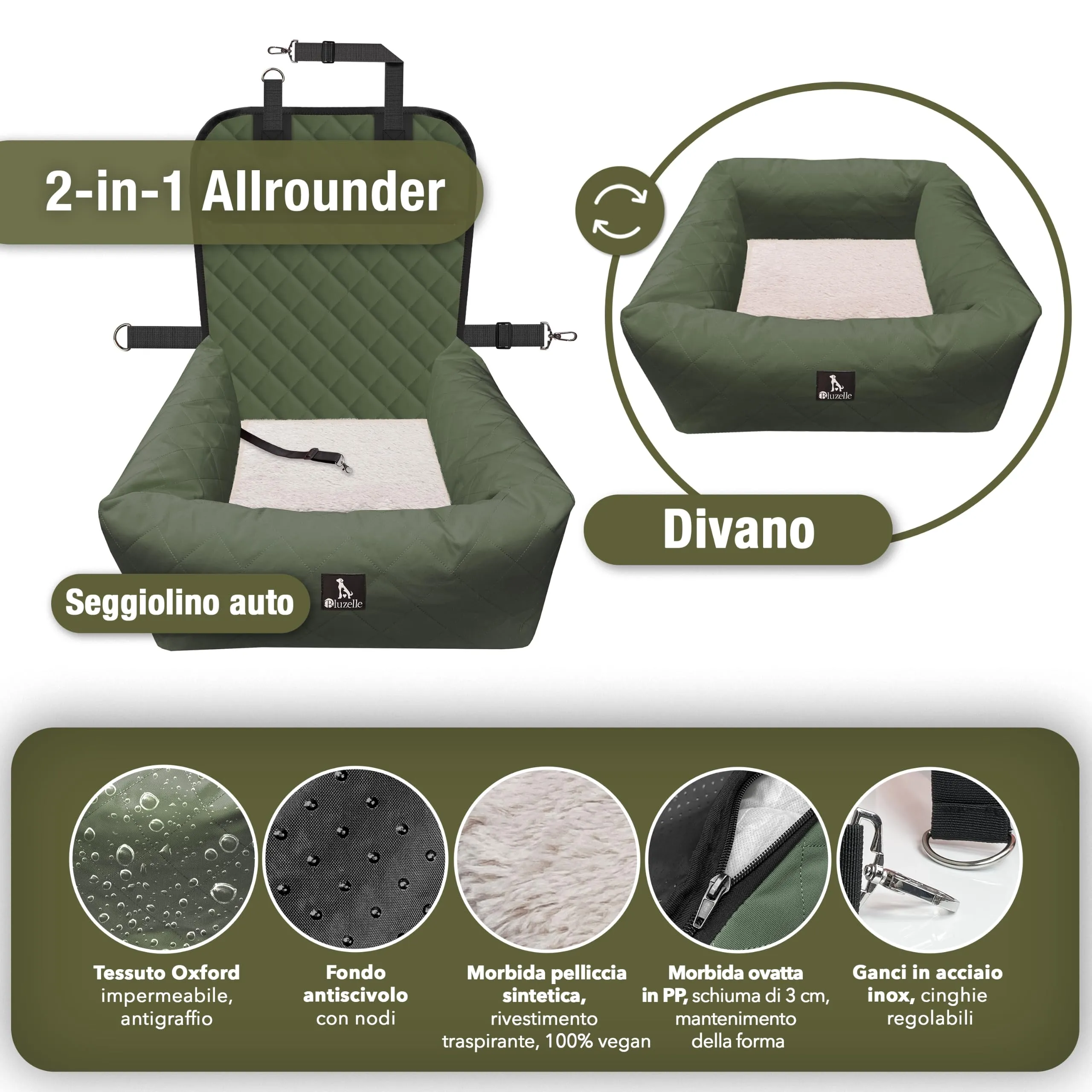 BLUZELLE Seggiolino Auto per Cani & Cuccia 2-in-1, Verde Oliva - immagine 7