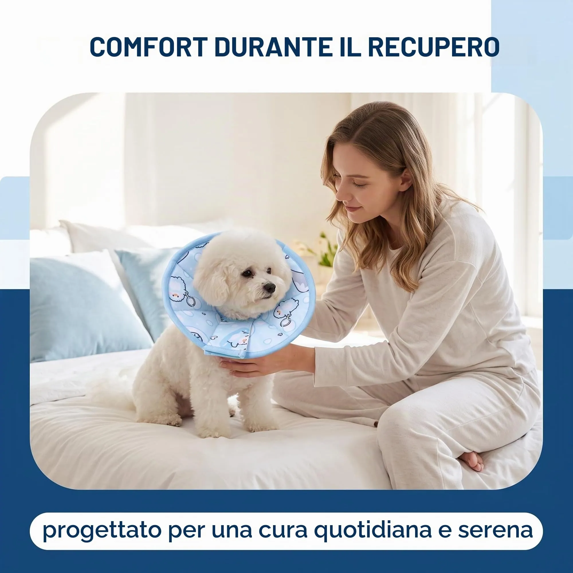 QALPOM Collare Elisabettiano Gatto Morbido e Regolabile - Collare Protettivo per Gatti e Cani di Piccola Taglia, Anti-Leccamento e Anti-Graffio per Post-Operatorio, Design a Nuvola Blu, M (27-31cm) - immagine 2