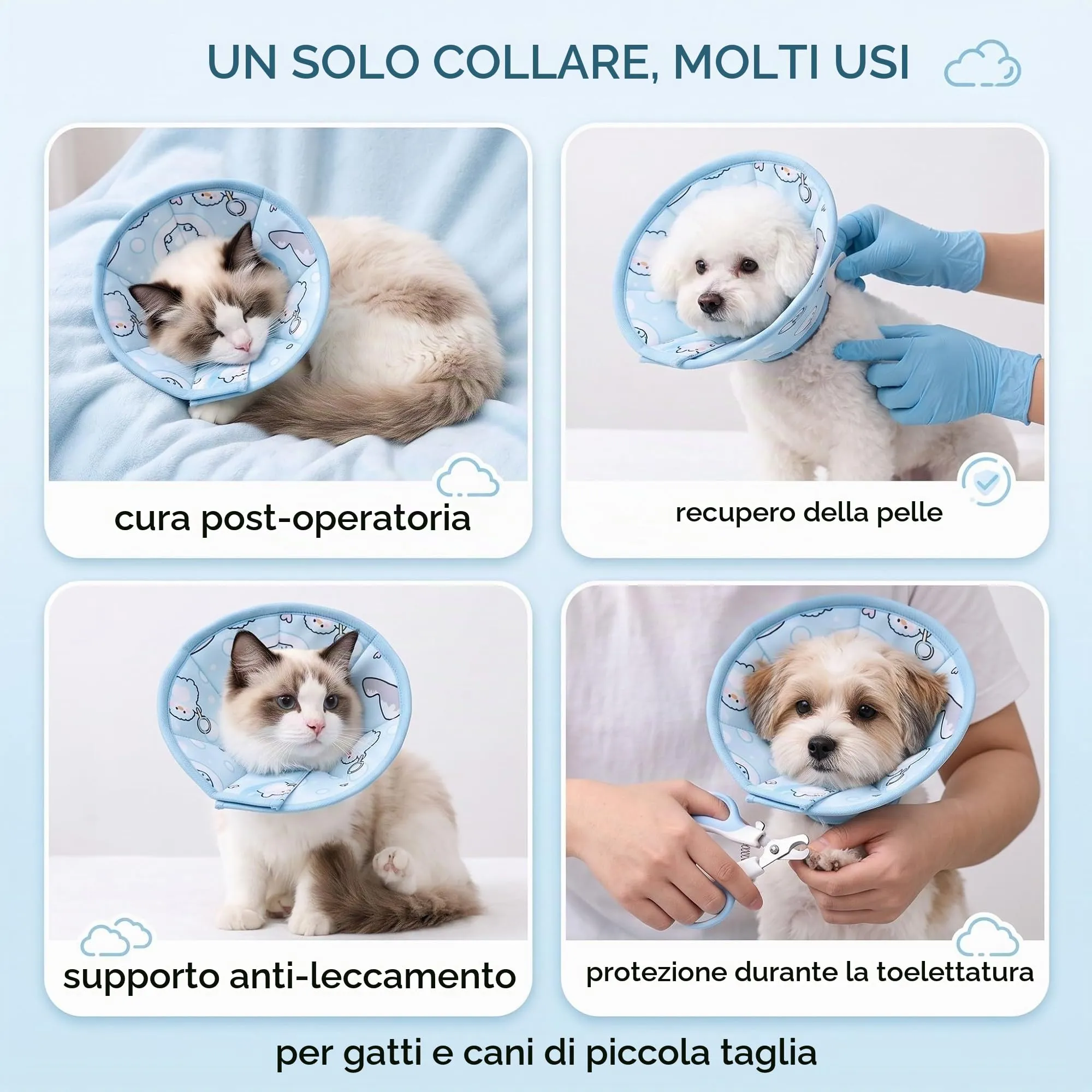 QALPOM Collare Elisabettiano Gatto Morbido e Regolabile - Collare Protettivo per Gatti e Cani di Piccola Taglia, Anti-Leccamento e Anti-Graffio per Post-Operatorio, Design a Nuvola Blu, M (27-31cm) - immagine 3