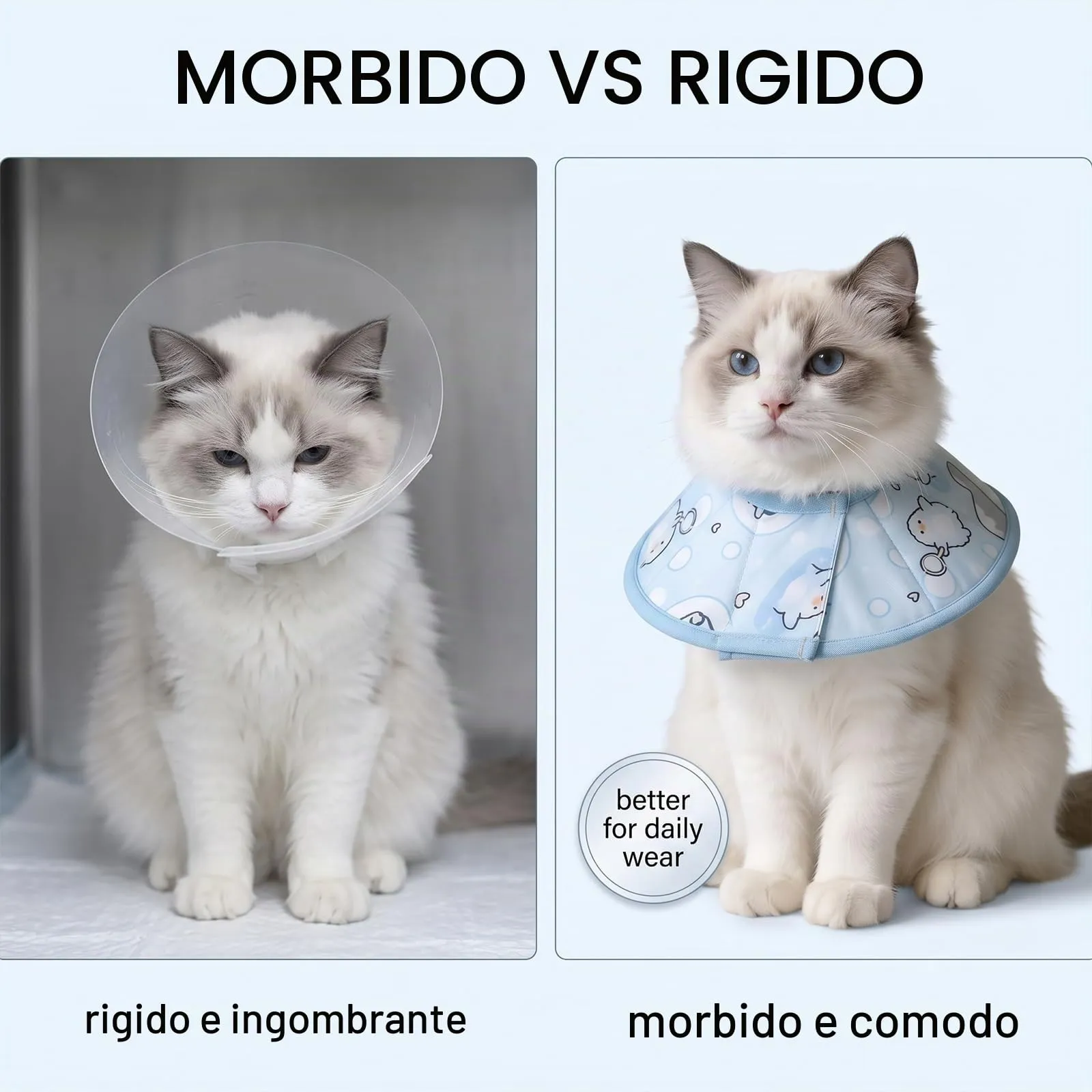 QALPOM Collare Elisabettiano Gatto Morbido e Regolabile - Collare Protettivo per Gatti e Cani di Piccola Taglia, Anti-Leccamento e Anti-Graffio per Post-Operatorio, Design a Nuvola Blu, M (27-31cm) - immagine 4