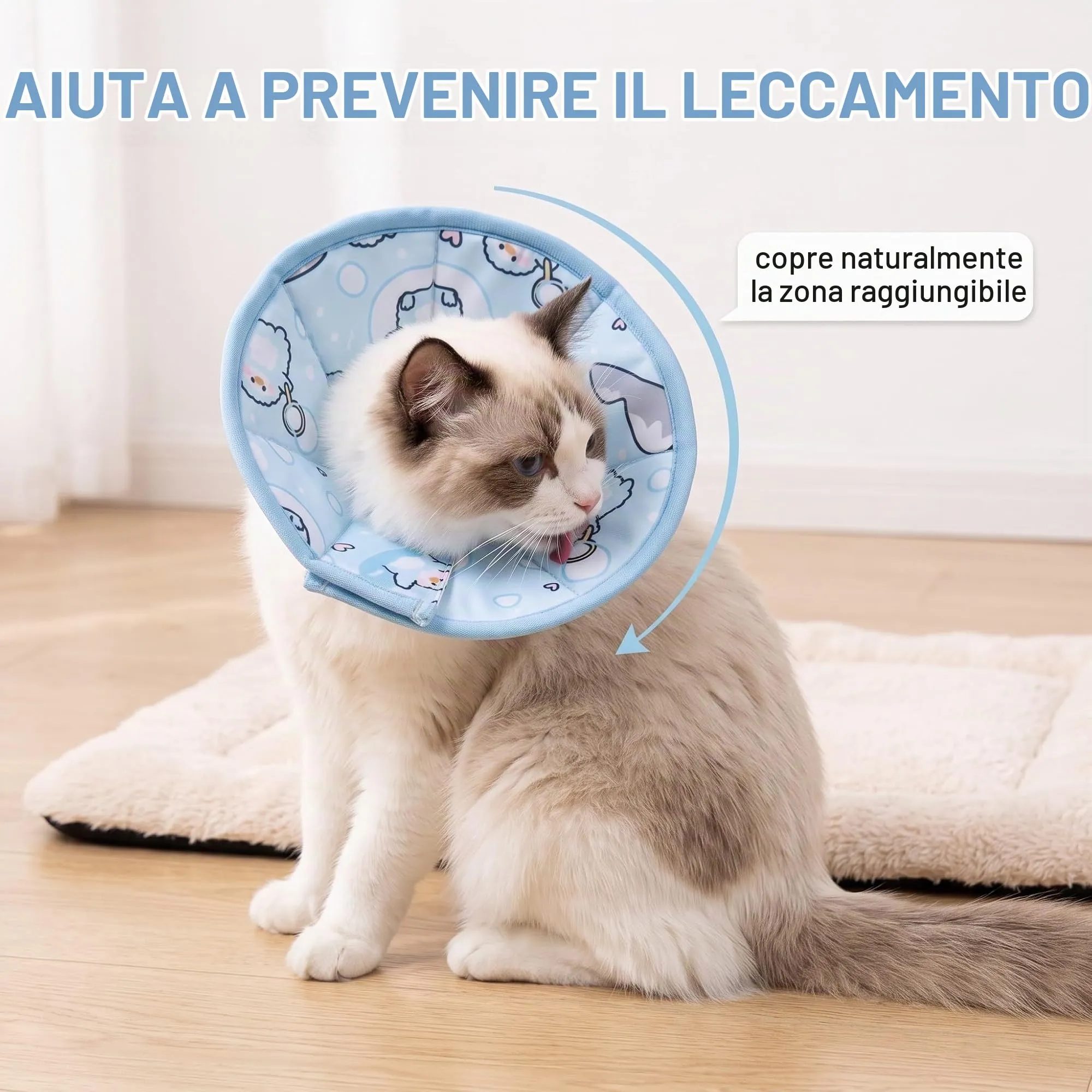 QALPOM Collare Elisabettiano Gatto Morbido e Regolabile - Collare Protettivo per Gatti e Cani di Piccola Taglia, Anti-Leccamento e Anti-Graffio per Post-Operatorio, Design a Nuvola Blu, M (27-31cm) - immagine 5