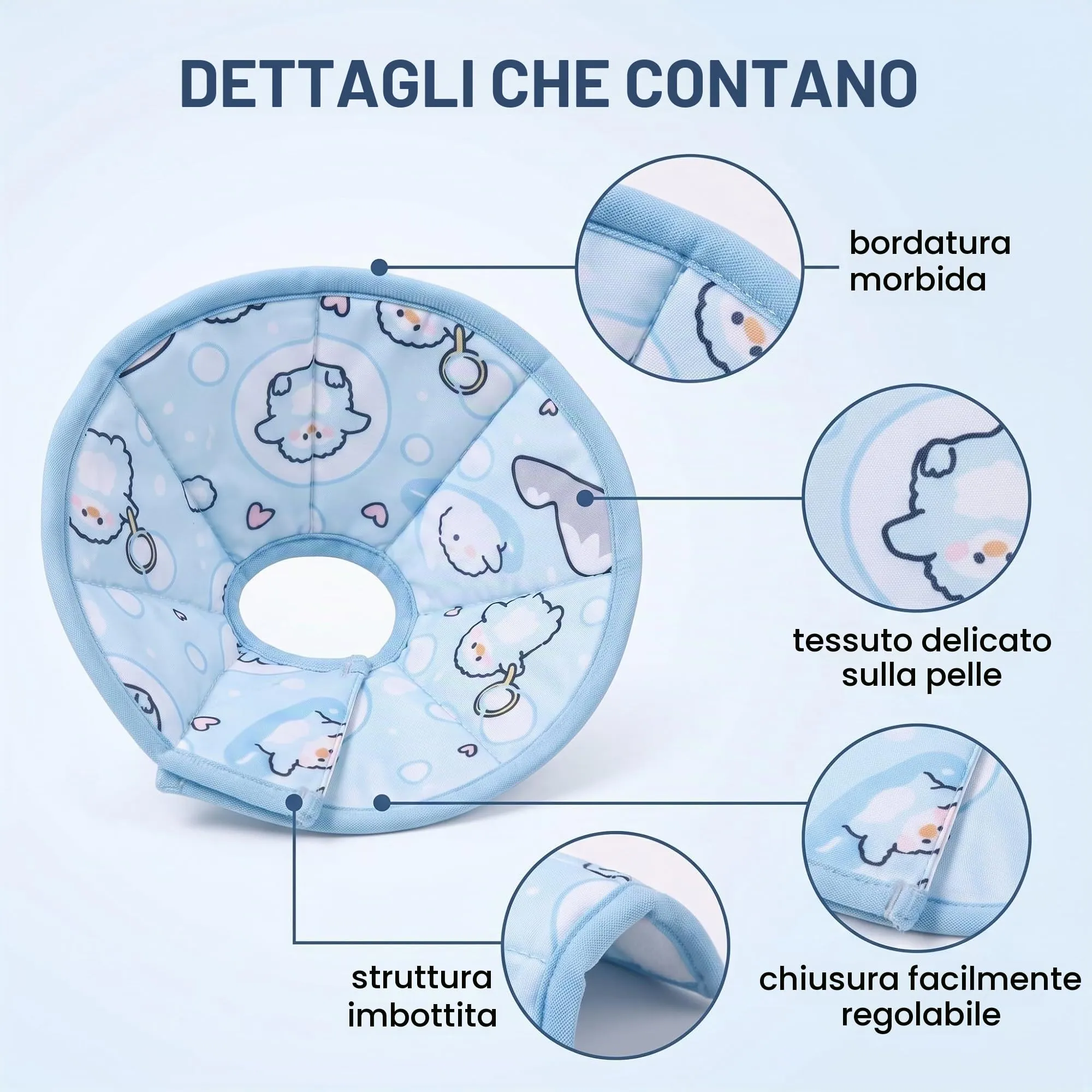 QALPOM Collare Elisabettiano Gatto Morbido e Regolabile - Collare Protettivo per Gatti e Cani di Piccola Taglia, Anti-Leccamento e Anti-Graffio per Post-Operatorio, Design a Nuvola Blu, M (27-31cm) - immagine 7