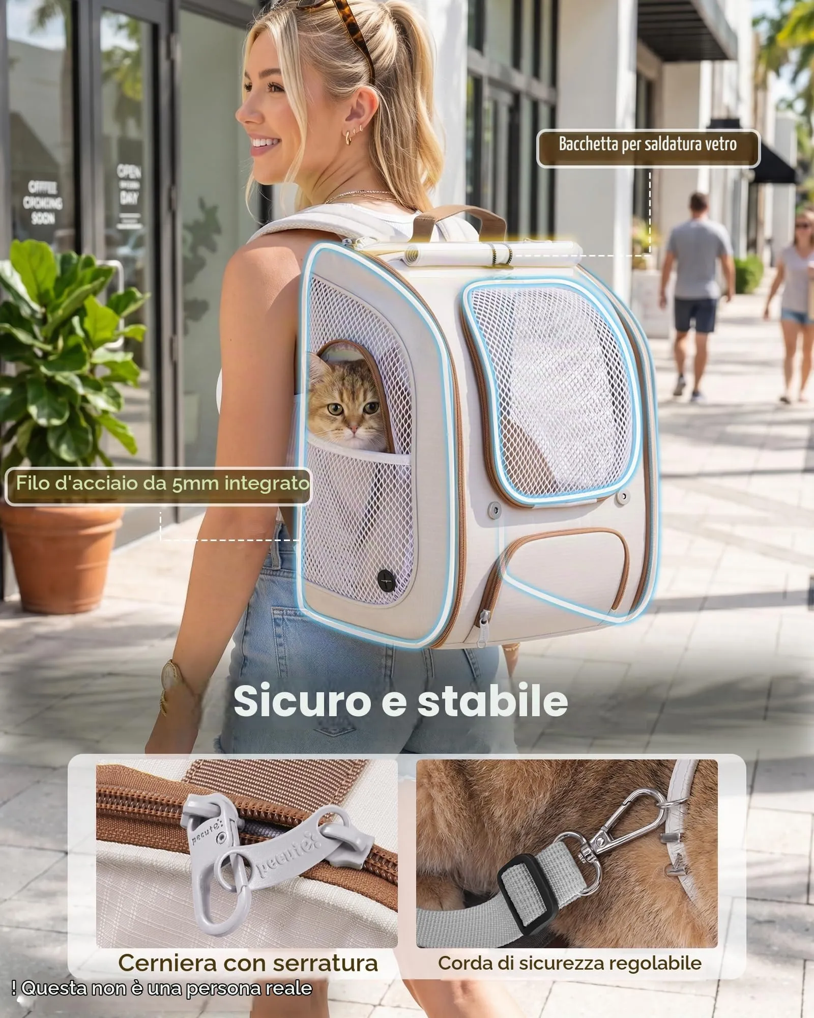 Pecute Zaino per gatti, spazioso e traspirante, colore cachi - immagine 2