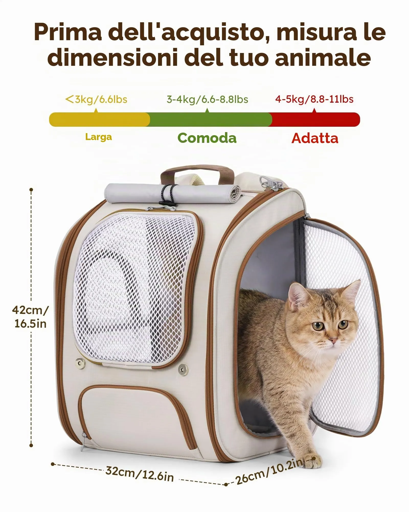 Pecute Zaino per gatti, spazioso e traspirante, colore cachi - immagine 9