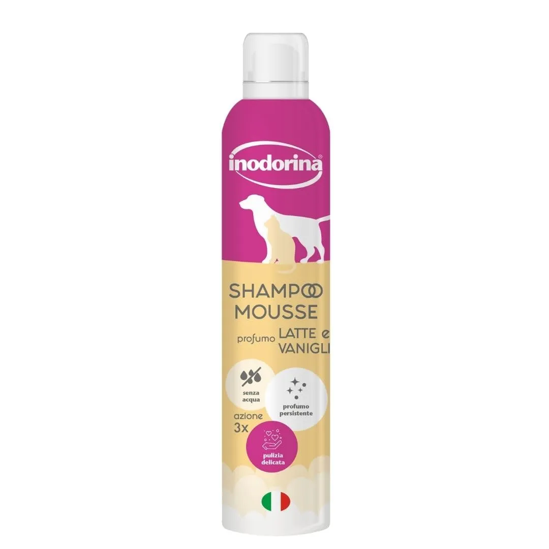 Inodorina Shampoo secco per cani, gatti e cuccioli (300 ml, Profumo di latte e vaniglia) – Mousse ad azione emolliente e detergente – Rispetta il pH naturale, ideale per lavaggi frequenti - immagine 1