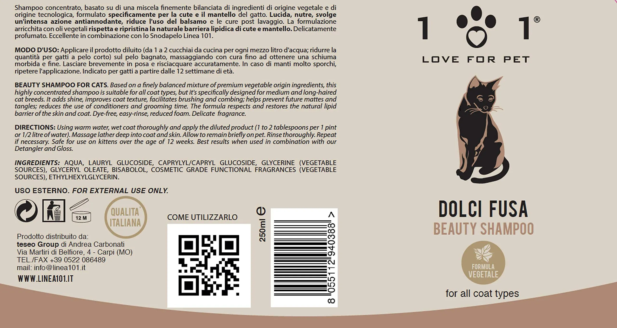 Shampoo Dolci Fusa per Gatti, 250ml - Arricchito con Ingredienti di Origine Vegetale e Naturale - Svolge un'azione Anti-Annodante ed Elimina lo sporco - Adatto a Tutti I Tipi di Pelo,101 Love for Pet - immagine 3