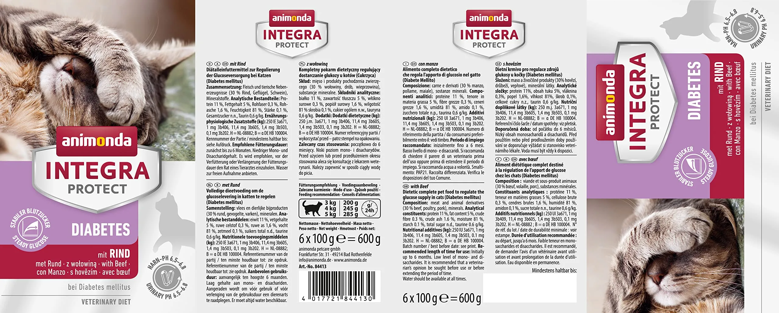 Animonda Integra Protect Diabetes con manzo (6 x 100 g), cibo umido per gatti con diabete mellito, cibo dietetico per gatti diabetici, cibo umido senza zucchero - immagine 2