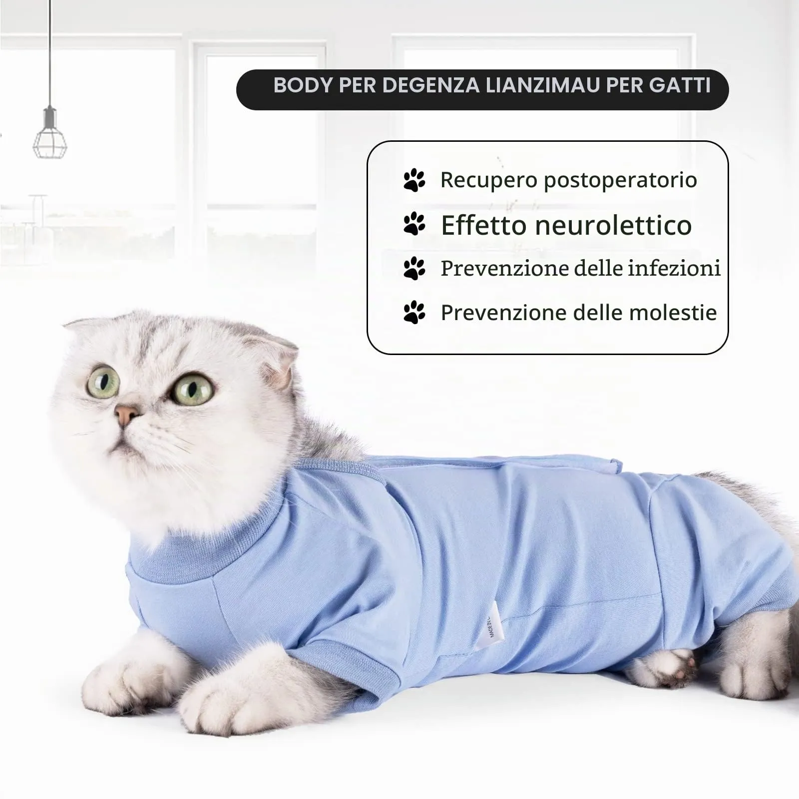 LIANZIMAU Body Gatto Post Operatorio Tuta Recupero Medica per Gatto Tute a Maniche Lunghe Prevenire Lo spargimento Abbigliamento,L (Confezione da 1),Blu - immagine 5