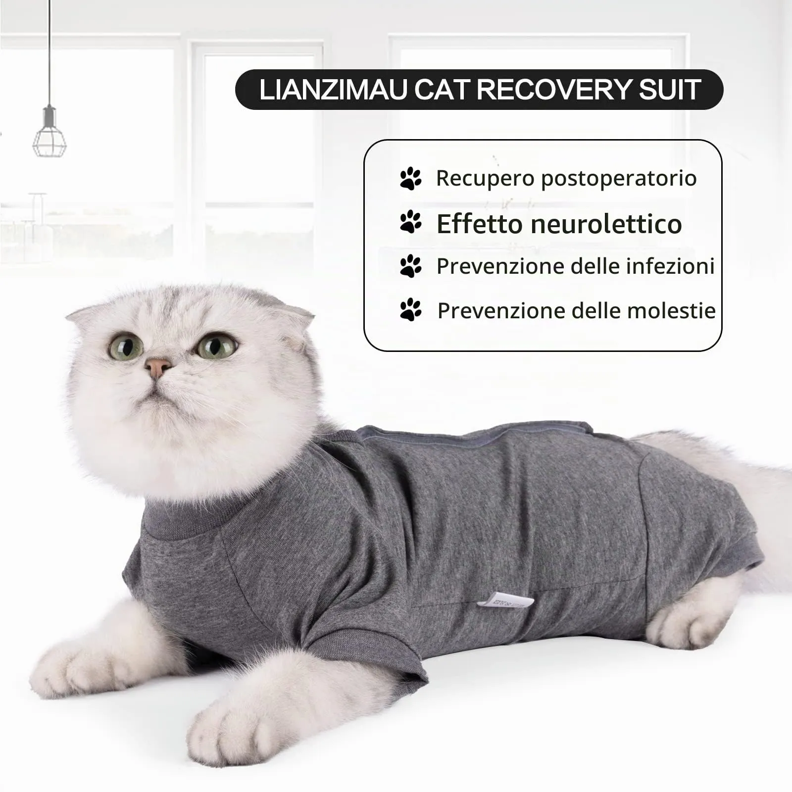 LIANZIMAU Body Gatto Post Operatorio Tuta Recupero Medica per Gatto Tute a Maniche Lunghe Prevenire Lo spargimento Abbigliamento,M (Confezione da 1),Grigio - immagine 5