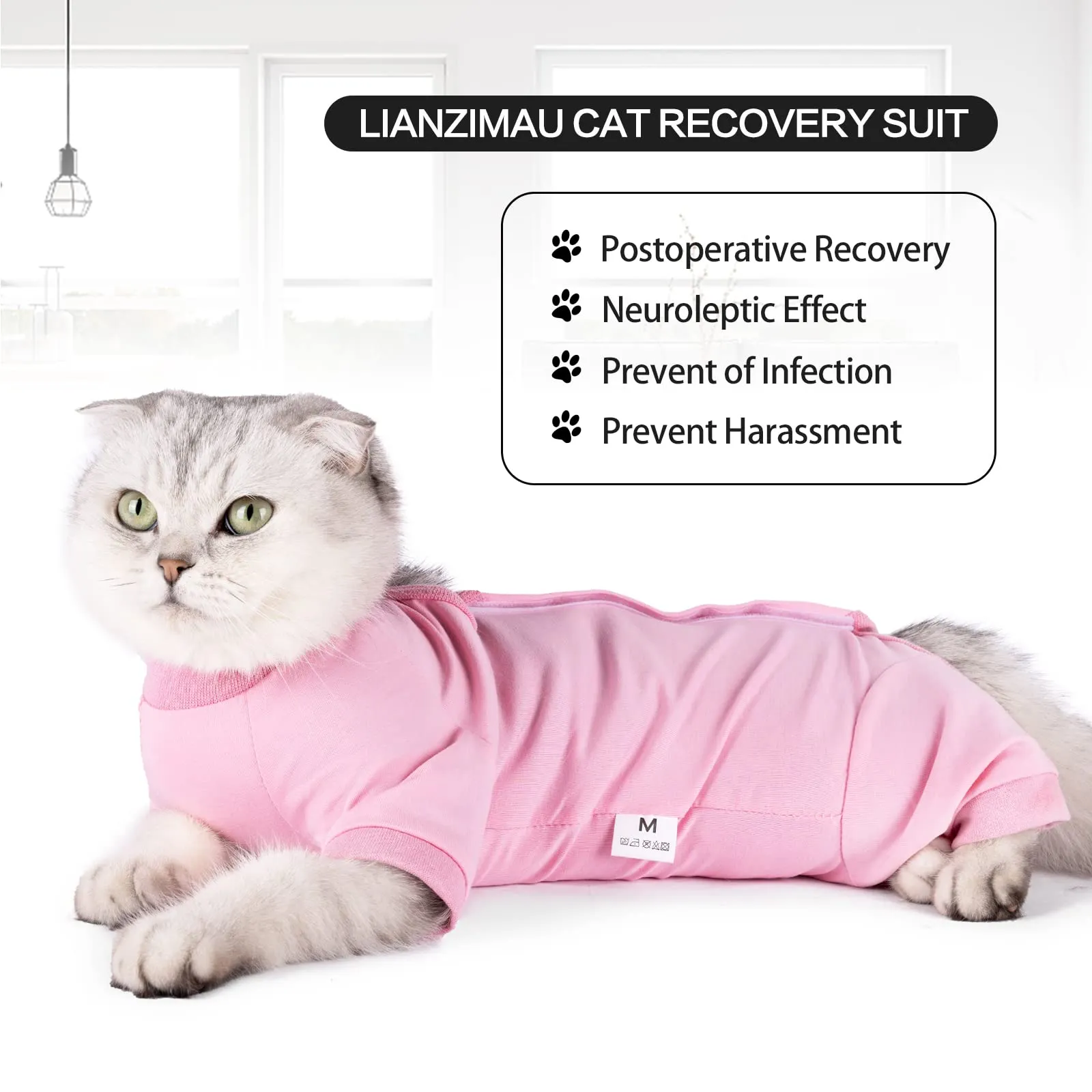 LIANZIMAU Body Gatto Post Operatorio Tuta Recupero Medica per Gatto Tute a Maniche Lunghe Prevenire Lo spargimento Abbigliamento,M (Confezione da 1),Rosa - immagine 5