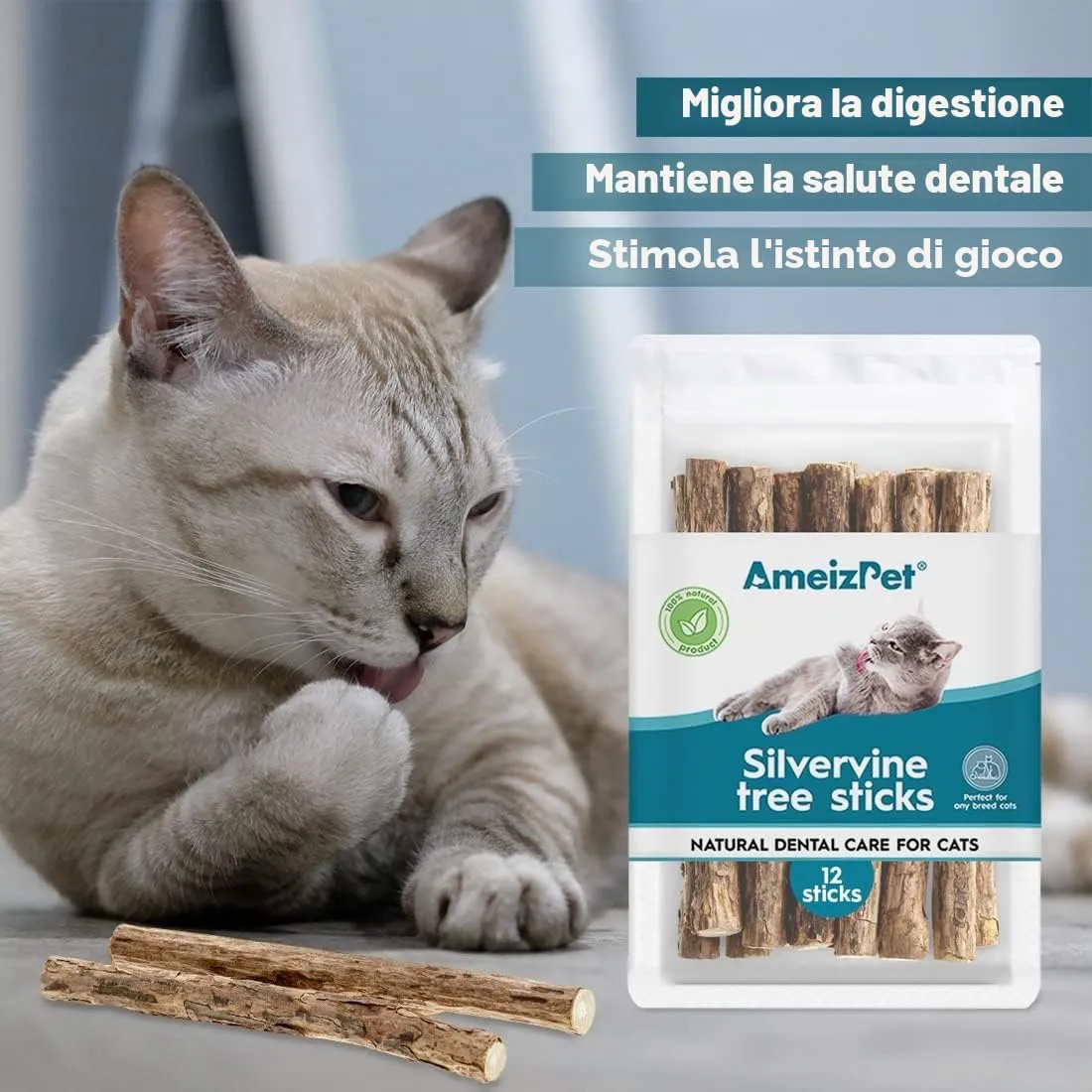 AmeizPet Erba Gatta Secca Per Gatto Pronta, Naturale Bastoncini Matatabi Per Gatti - Bastoncini Da Masticare, Silvervine Pulizia Denti Per Gatti 12 Pcs - immagine 3