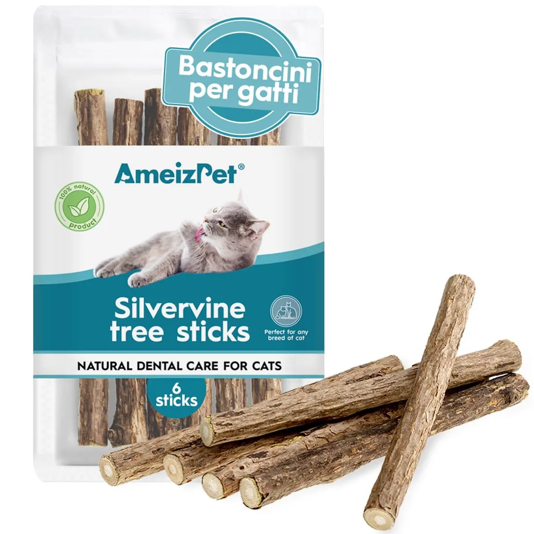 AmeizPet Erba Gatta Secca Per Gatto Pronta, Naturale Bastoncini Matatabi Per Gatti - Bastoncini Da Masticare, Silvervine Pulizia Denti Per Gatti 6 Pcs - immagine 1