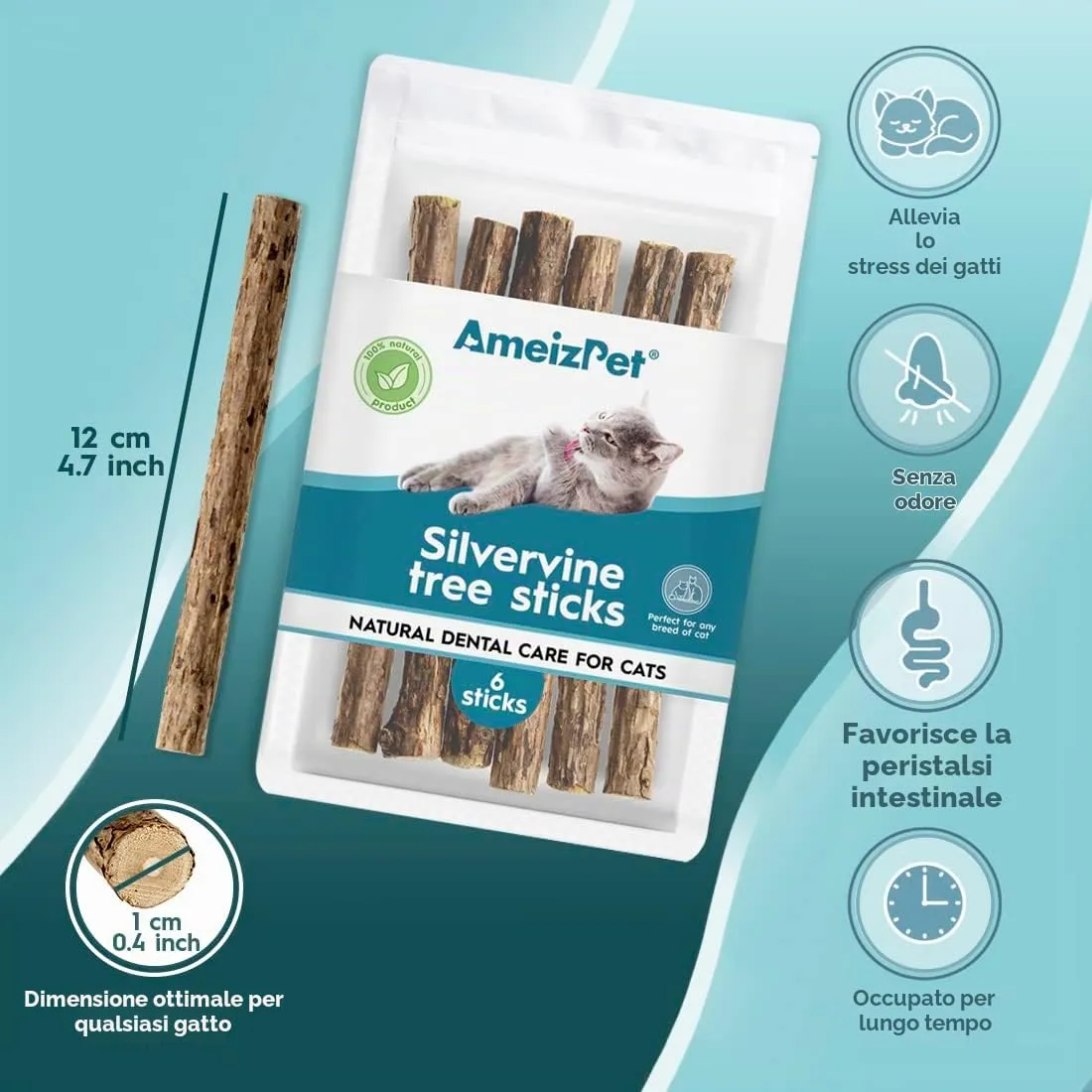 AmeizPet Erba Gatta Secca Per Gatto Pronta, Naturale Bastoncini Matatabi Per Gatti - Bastoncini Da Masticare, Silvervine Pulizia Denti Per Gatti 6 Pcs - immagine 2