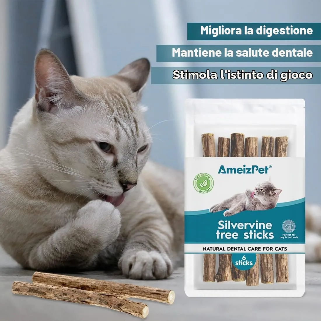 AmeizPet Erba Gatta Secca Per Gatto Pronta, Naturale Bastoncini Matatabi Per Gatti - Bastoncini Da Masticare, Silvervine Pulizia Denti Per Gatti 6 Pcs - immagine 3