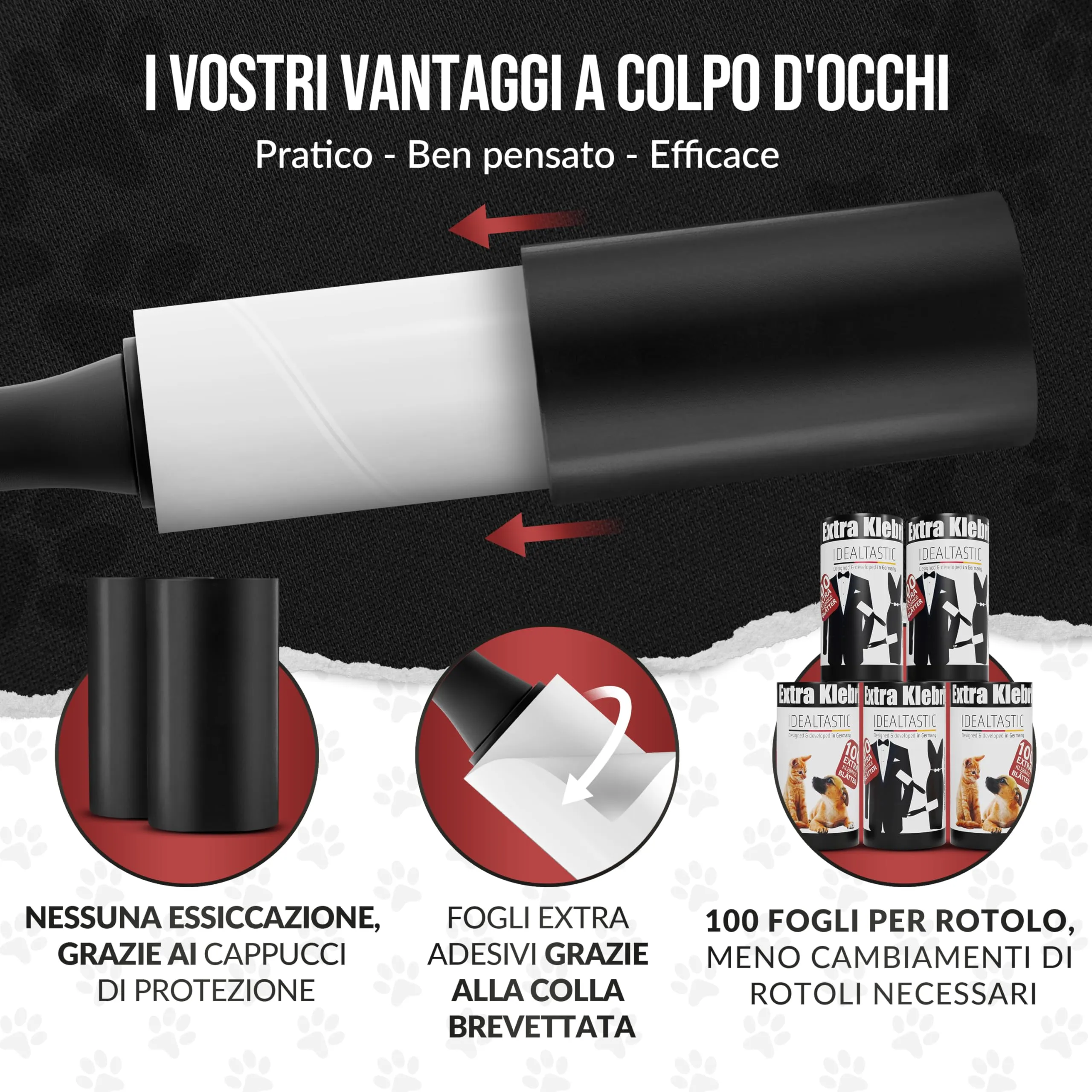IDEALTASTIC® Rullo Leva Peli Animali & Abbigliamento | Pacchetto Vantaggioso con 2 Manici & 5x100 Fogli | Raccogli Rullo Peli Animali Extra Appiccicoso (Pacchetto Vantaggioso (2 Manici & 5x100 Fogli)) - immagine 2