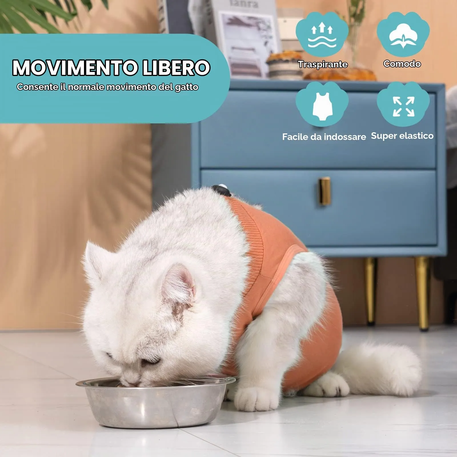 Avont Tuta da Recupero per Gatti, Body Gatto Post Operatorio Sterilizzazione, Cat Recovery Suit, Vestito Gatto per Impedire Leccare Ferita Addominale Dopo l'intervento Chirurgico –Corallo(M) - immagine 3