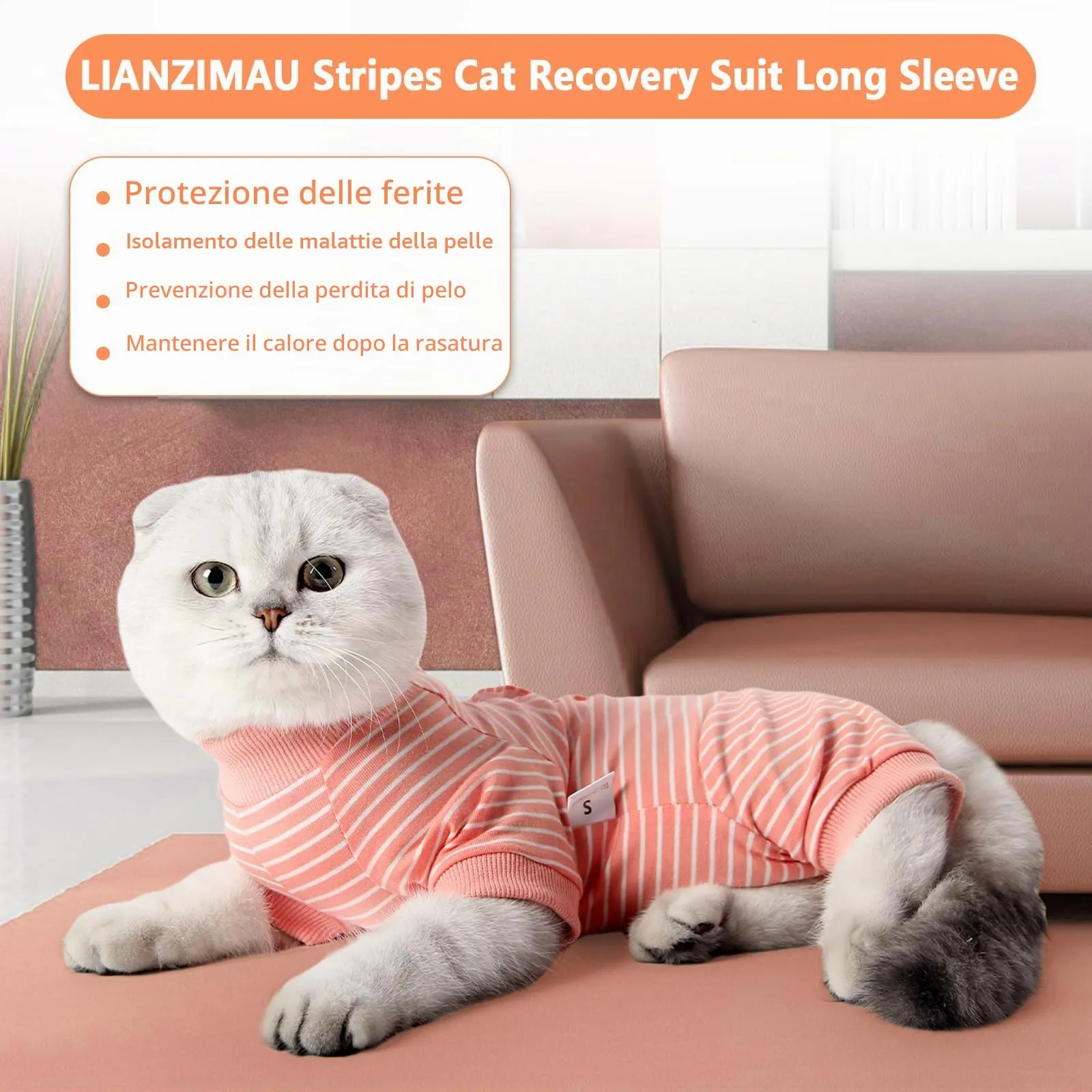 LIANZIMAU Body Gatto Post Operatorio Tuta Recupero Medica per Gatto Tute a Maniche Lunghe Prevenire Lo spargimento Abbigliamento,M (Confezione da 1),Arancio a Righe - immagine 8