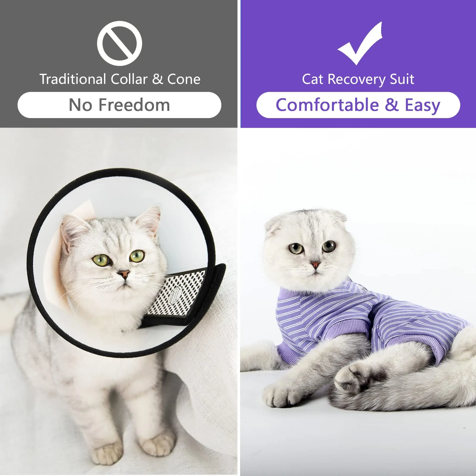 LIANZIMAU Body Gatto Post Operatorio Tuta Recupero Medica per Gatto Tute a Maniche Lunghe Prevenire Lo spargimento Abbigliamento,S (Confezione da 1),Viola a Righe - immagine 4