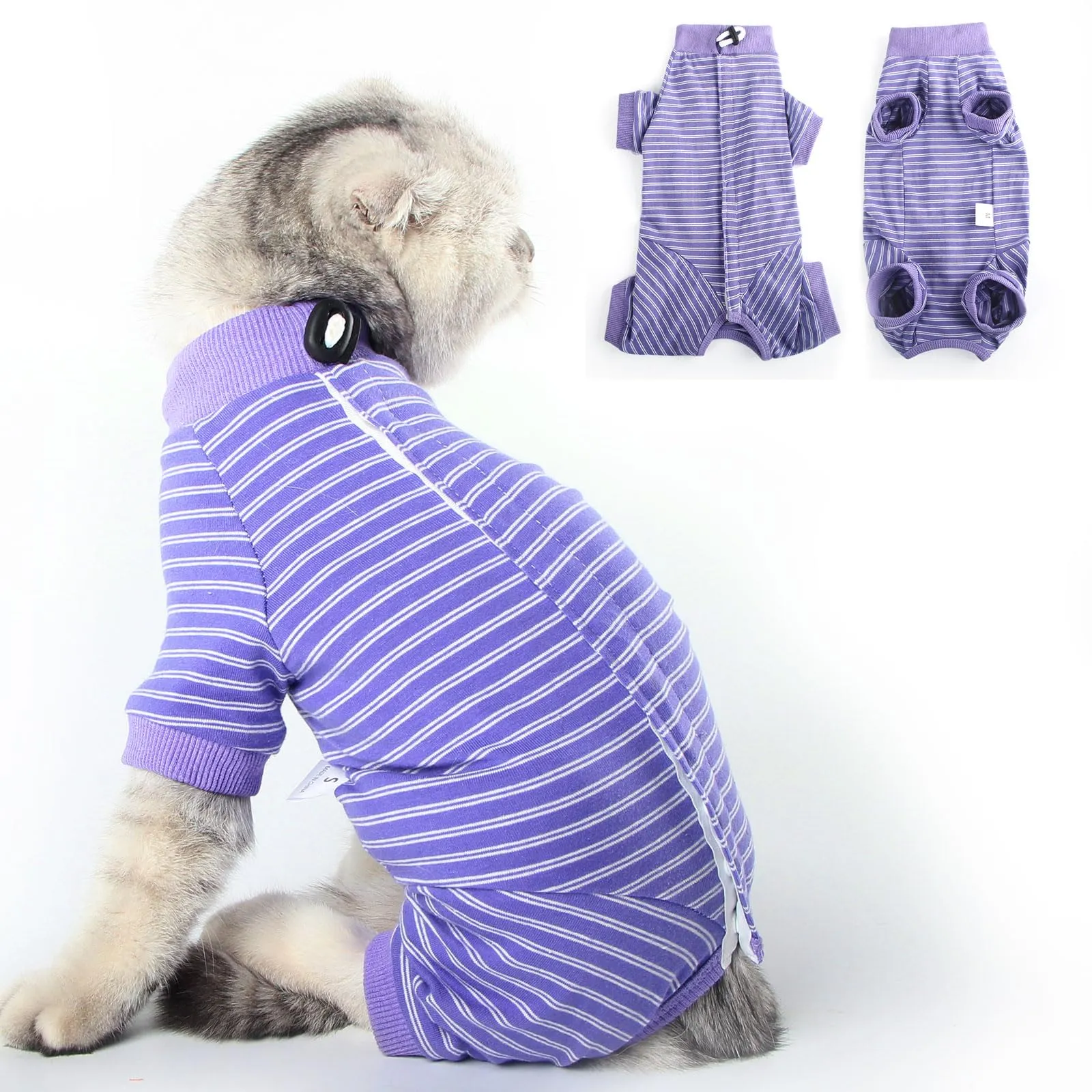 LIANZIMAU Body Gatto Post Operatorio Tuta Recupero Medica per Gatto Tute a Maniche Lunghe Prevenire Lo spargimento Abbigliamento,L (Confezione da 1),Viola a Righe - immagine 1