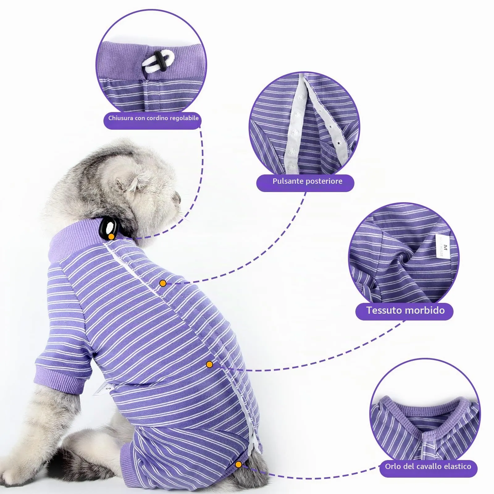 LIANZIMAU Body Gatto Post Operatorio Tuta Recupero Medica per Gatto Tute a Maniche Lunghe Prevenire Lo spargimento Abbigliamento,L (Confezione da 1),Viola a Righe - immagine 3