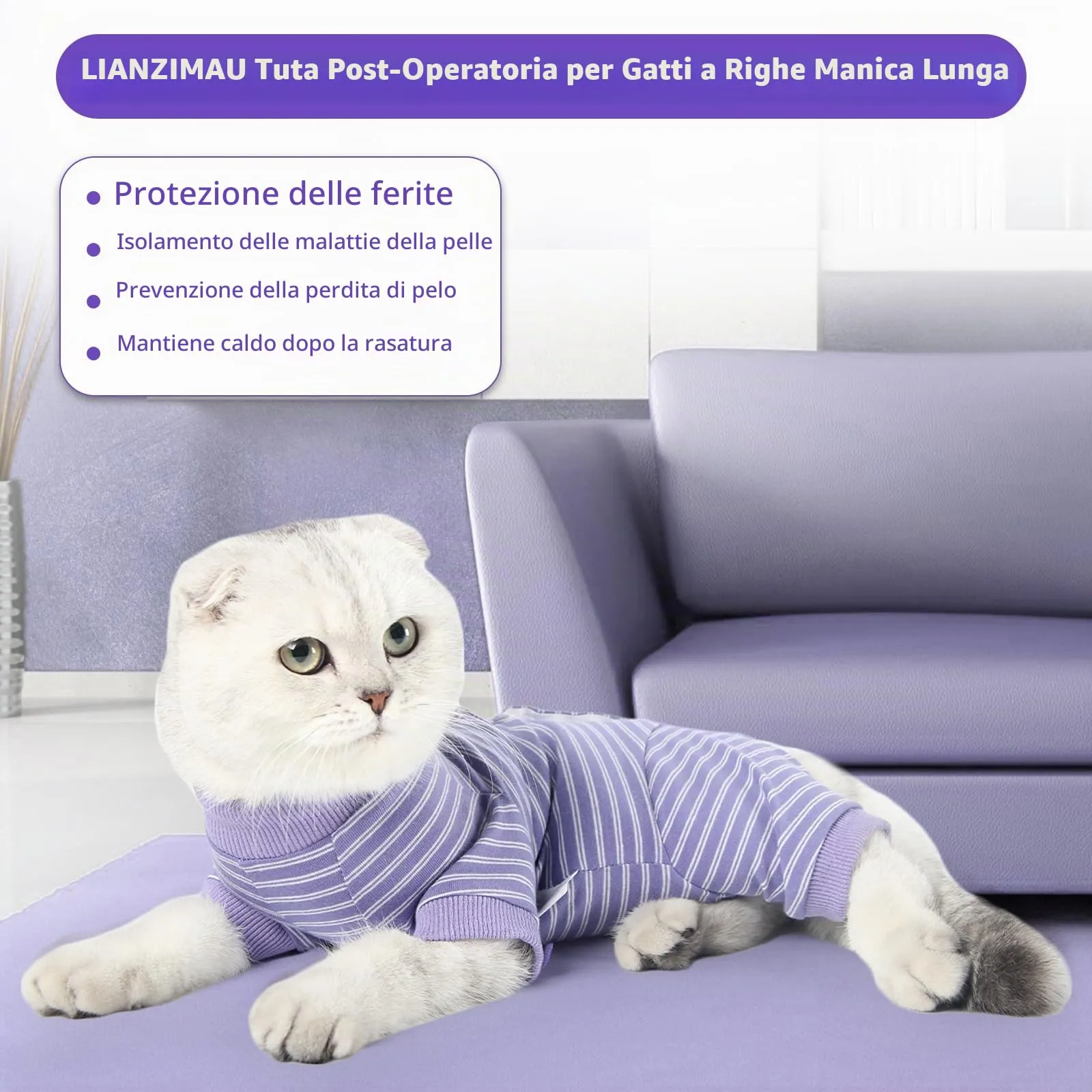 LIANZIMAU Body Gatto Post Operatorio Tuta Recupero Medica per Gatto Tute a Maniche Lunghe Prevenire Lo spargimento Abbigliamento,L (Confezione da 1),Viola a Righe - immagine 8