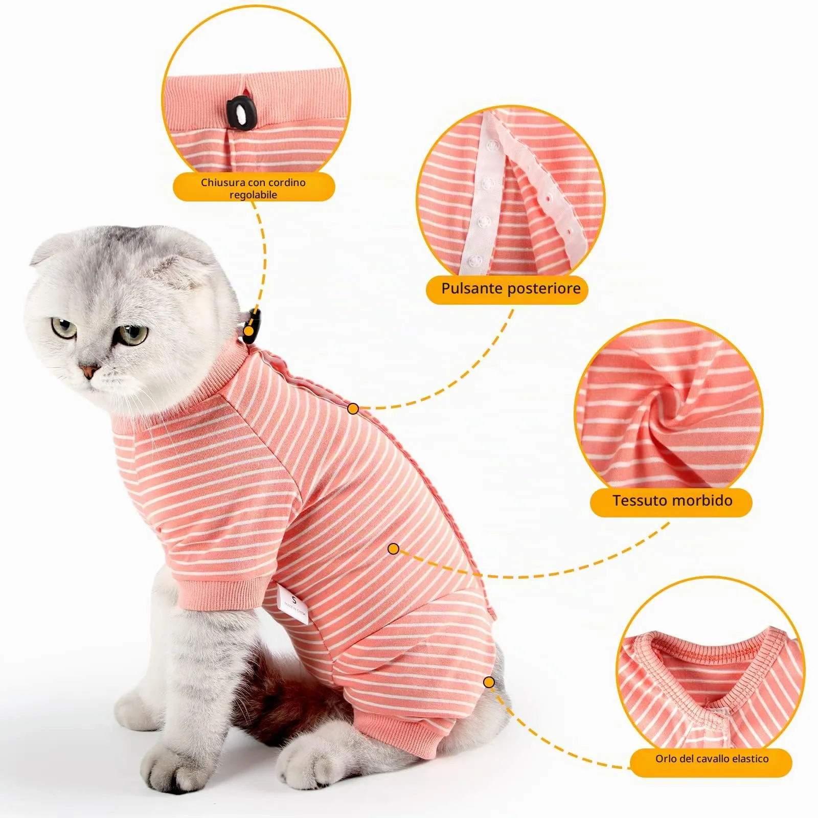 LIANZIMAU Body Gatto Post Operatorio Tuta Recupero Medica per Gatto Tute a Maniche Lunghe Prevenire Lo spargimento Abbigliamento,S (Confezione da 1),Arancio a Righe - immagine 3