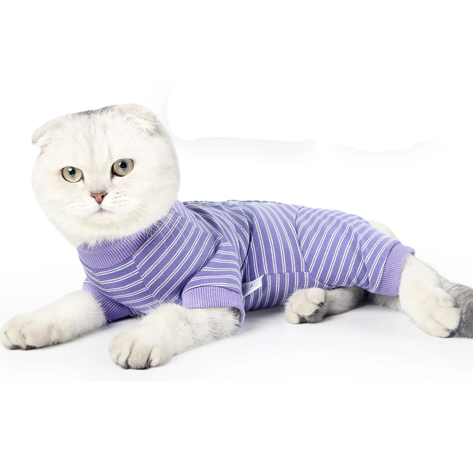 LIANZIMAU Body Gatto Post Operatorio Tuta Recupero Medica per Gatto Tute a Maniche Lunghe Prevenire Lo spargimento Abbigliamento,M (Confezione da 1),Viola a Righe - immagine 2