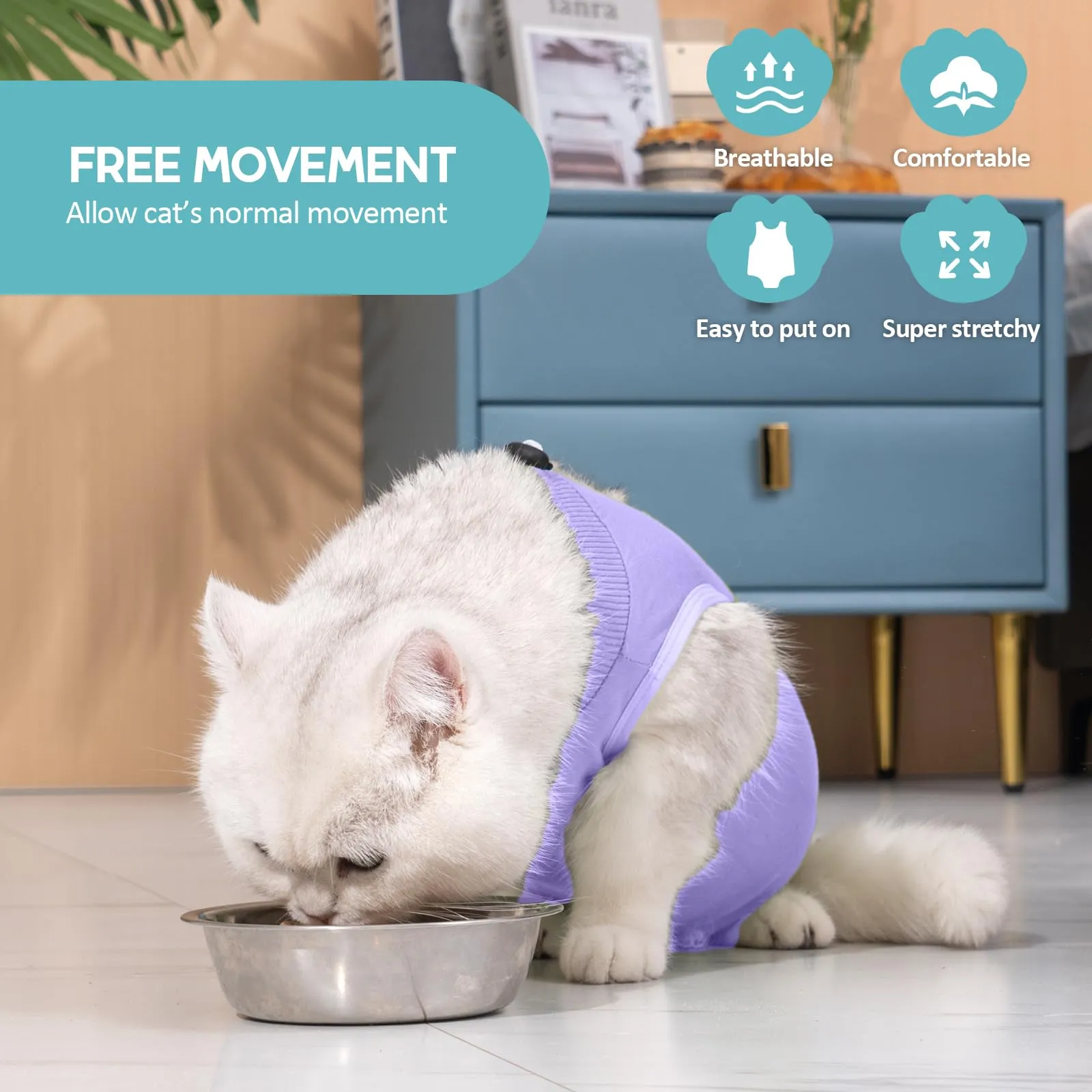 Avont Tuta da Recupero per Gatti, Body Gatto Post Operatorio Sterilizzazione, Cat Recovery Suit, Vestito Gatto per Impedire Leccare Ferita Addominale Dopo l'intervento Chirurgico –Lavanda(L) - immagine 3