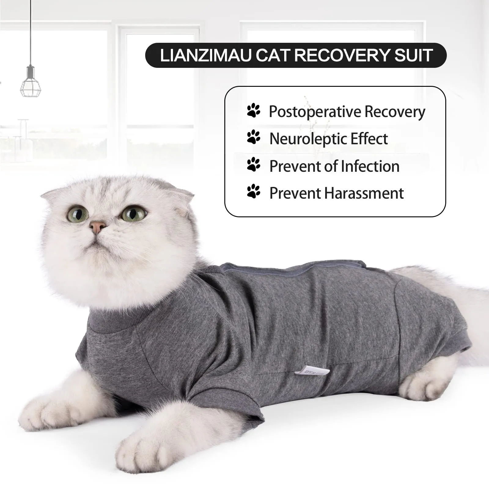 LIANZIMAU Body Gatto Post Operatorio Tuta Recupero Medica per Gatto Tute a Maniche Lunghe Prevenire Lo spargimento Abbigliamento (grigio,L) - immagine 5