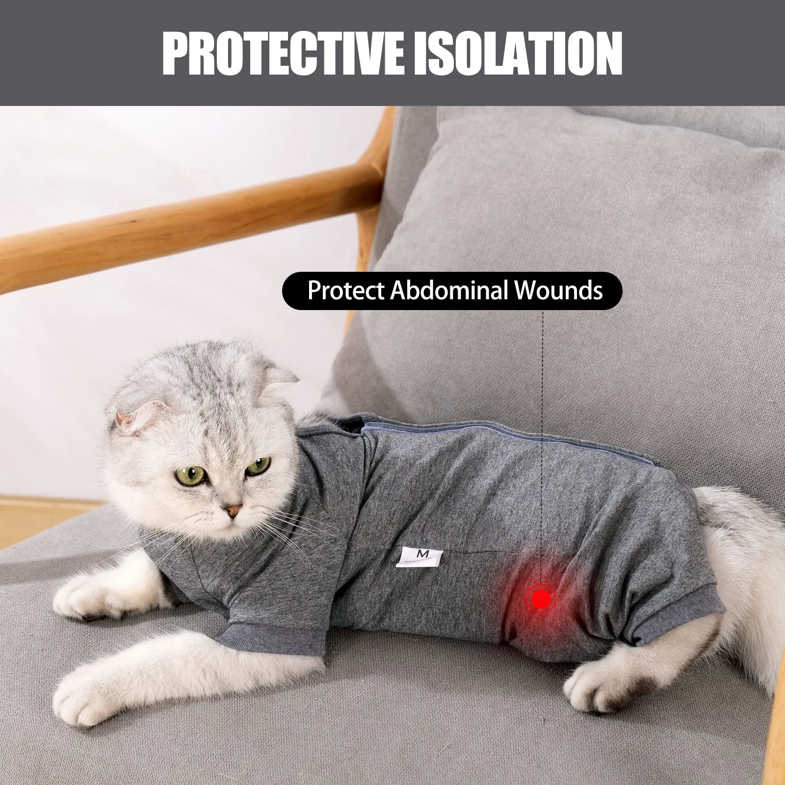 LIANZIMAU Body Gatto Post Operatorio Tuta Recupero Medica per Gatto Tute a Maniche Lunghe Prevenire Lo spargimento Abbigliamento (grigio,L) - immagine 6