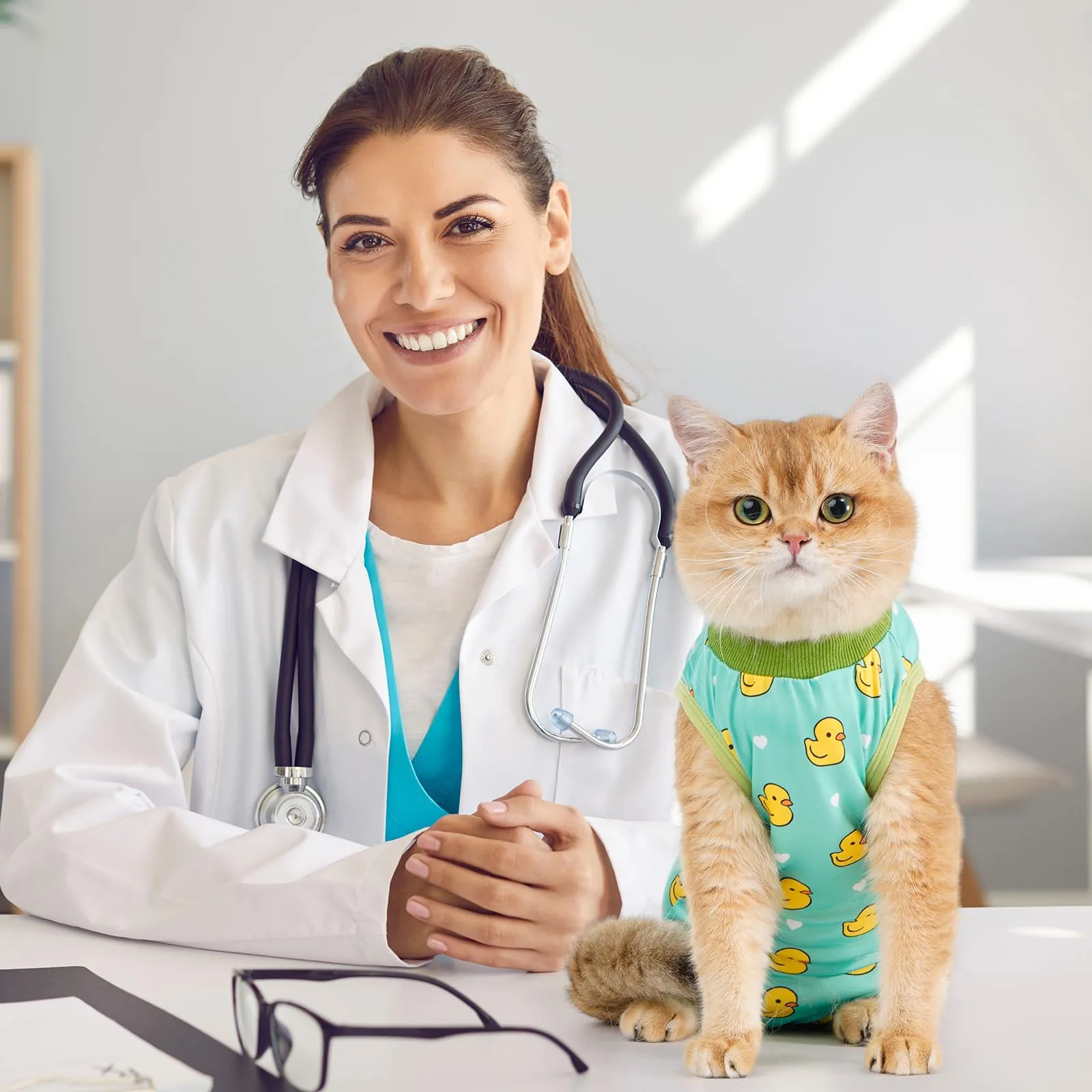 Avont Body Post Operatorio Gatto, Tutina Gatto Post Operatori Sterilizzazione, Cat Recovery Suit per Impedire Leccare Ferita Addominale Dopo l'intervento Chirurgico -Anatra(S) - immagine 2