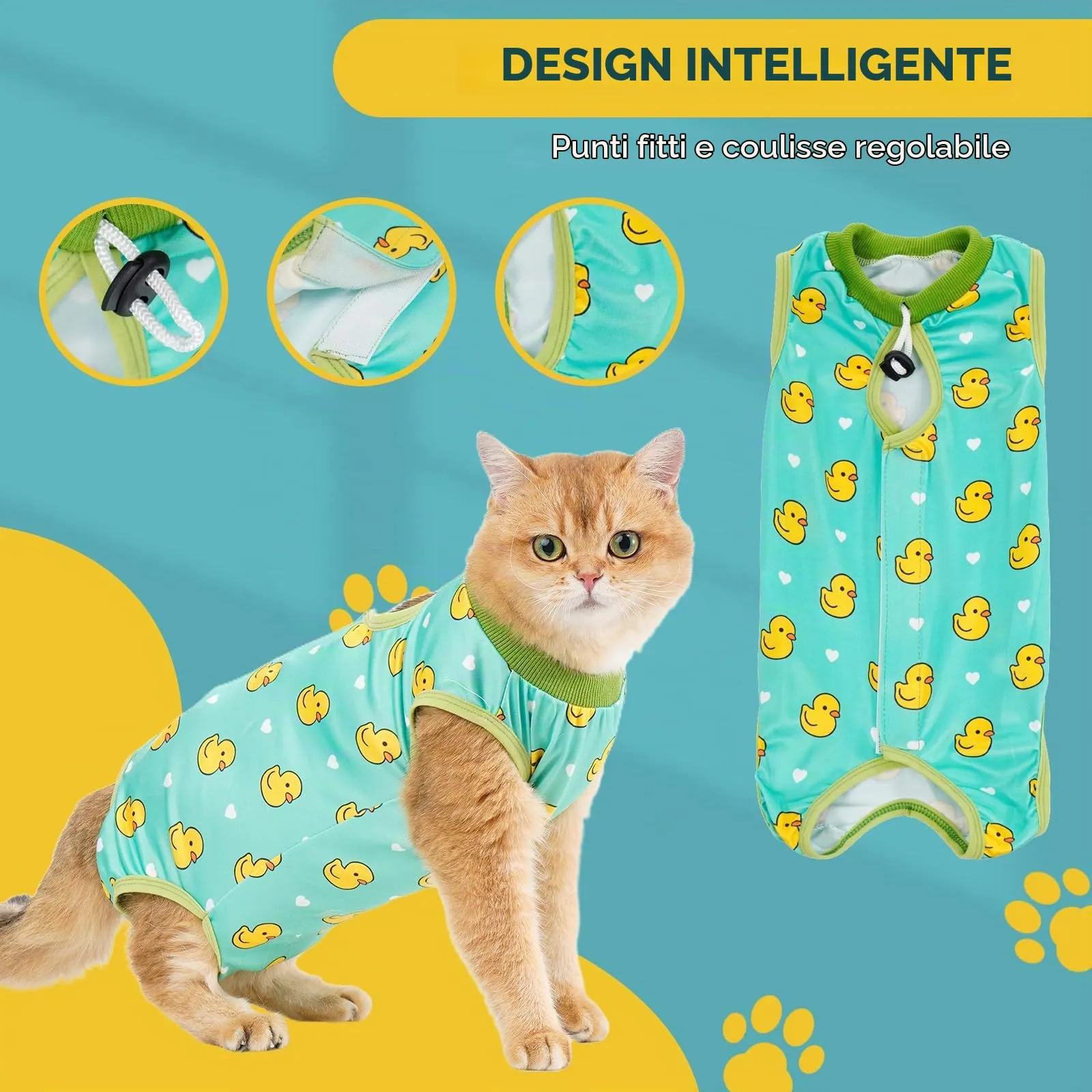 Avont Body Post Operatorio Gatto, Tutina Gatto Post Operatori Sterilizzazione, Cat Recovery Suit per Impedire Leccare Ferita Addominale Dopo l'intervento Chirurgico -Anatra(L) - immagine 6
