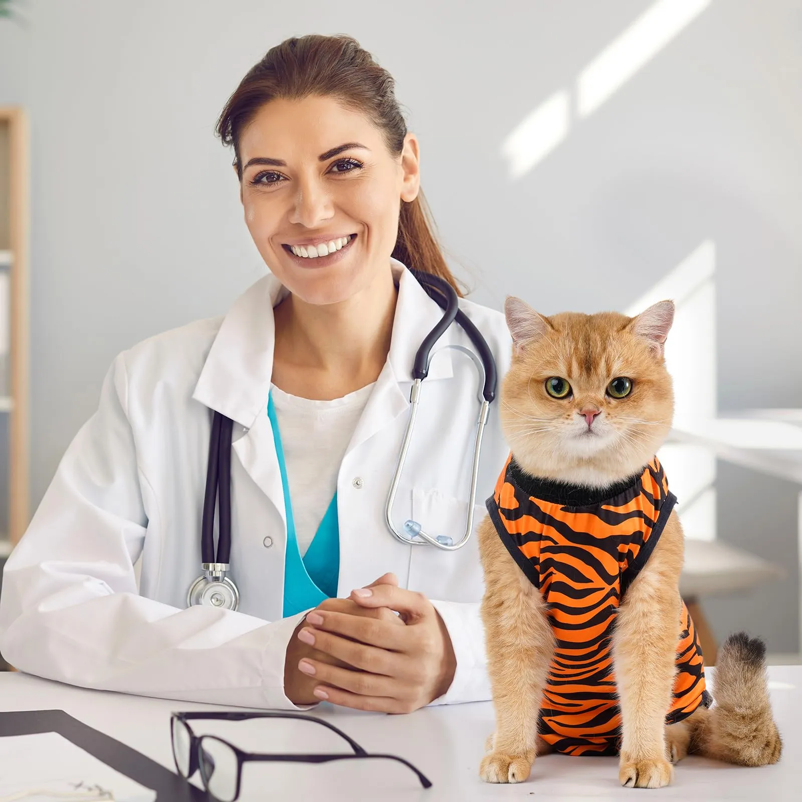 Avont Body Post Operatorio Gatto, Tutina Gatto Post Operatori Sterilizzazione, Cat Recovery Suit per Impedire Leccare Ferita Addominale Dopo l'intervento Chirurgico -Tigre(MX) - immagine 2