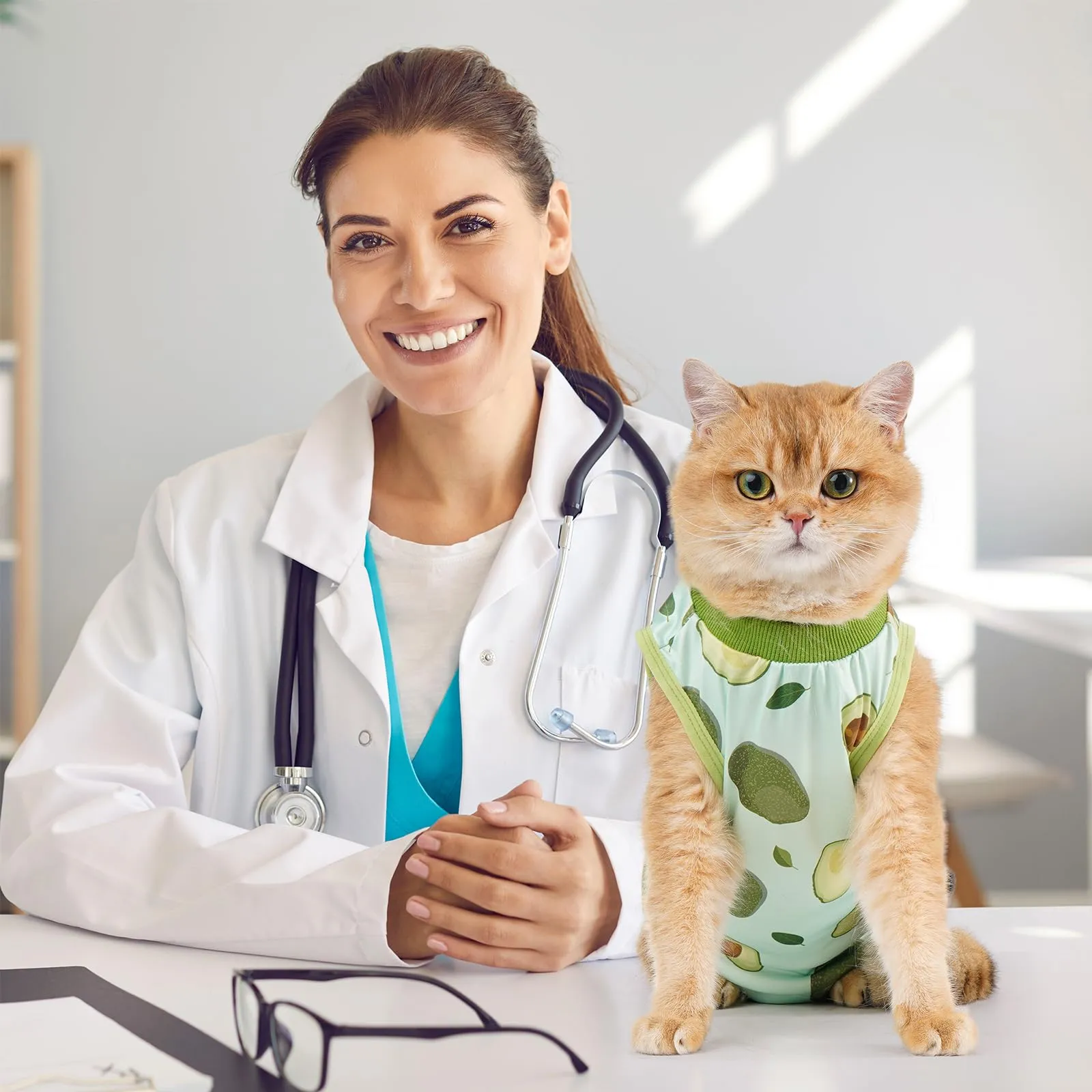 Avont Body Post Operatorio Gatto, Tutina Gatto Post Operatori Sterilizzazione, Cat Recovery Suit per Impedire Leccare Ferita Addominale Dopo l'intervento Chirurgico -Avocado(M) - immagine 2